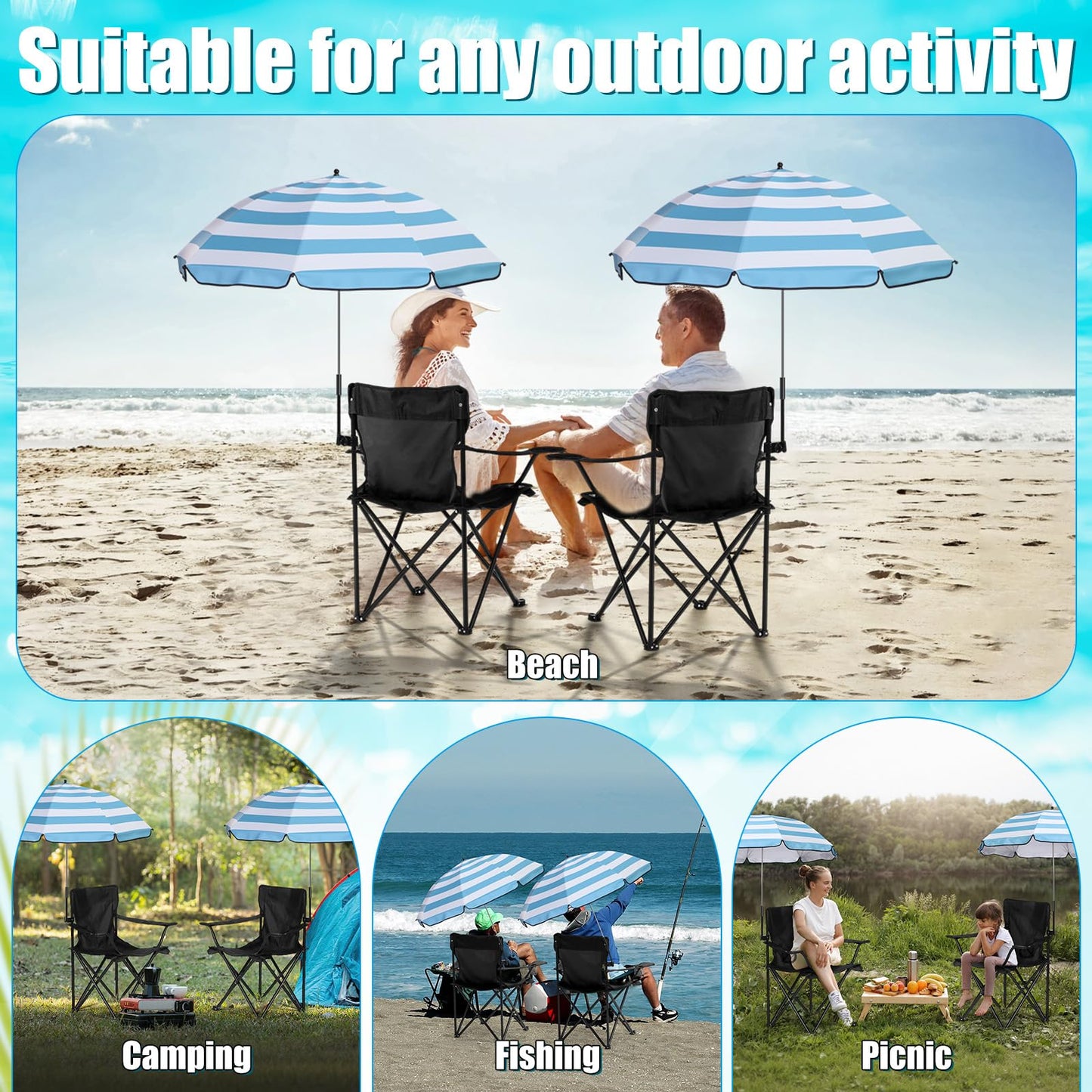 Yuntau 2 Sets Beach Chair with Umbrella Foldable Camping Chair Fold up Umbrella with Universal Clamp Large Portable for Outdoors Fishing Camping Hiking Travel Picnic Beach (Black,Blue,White)