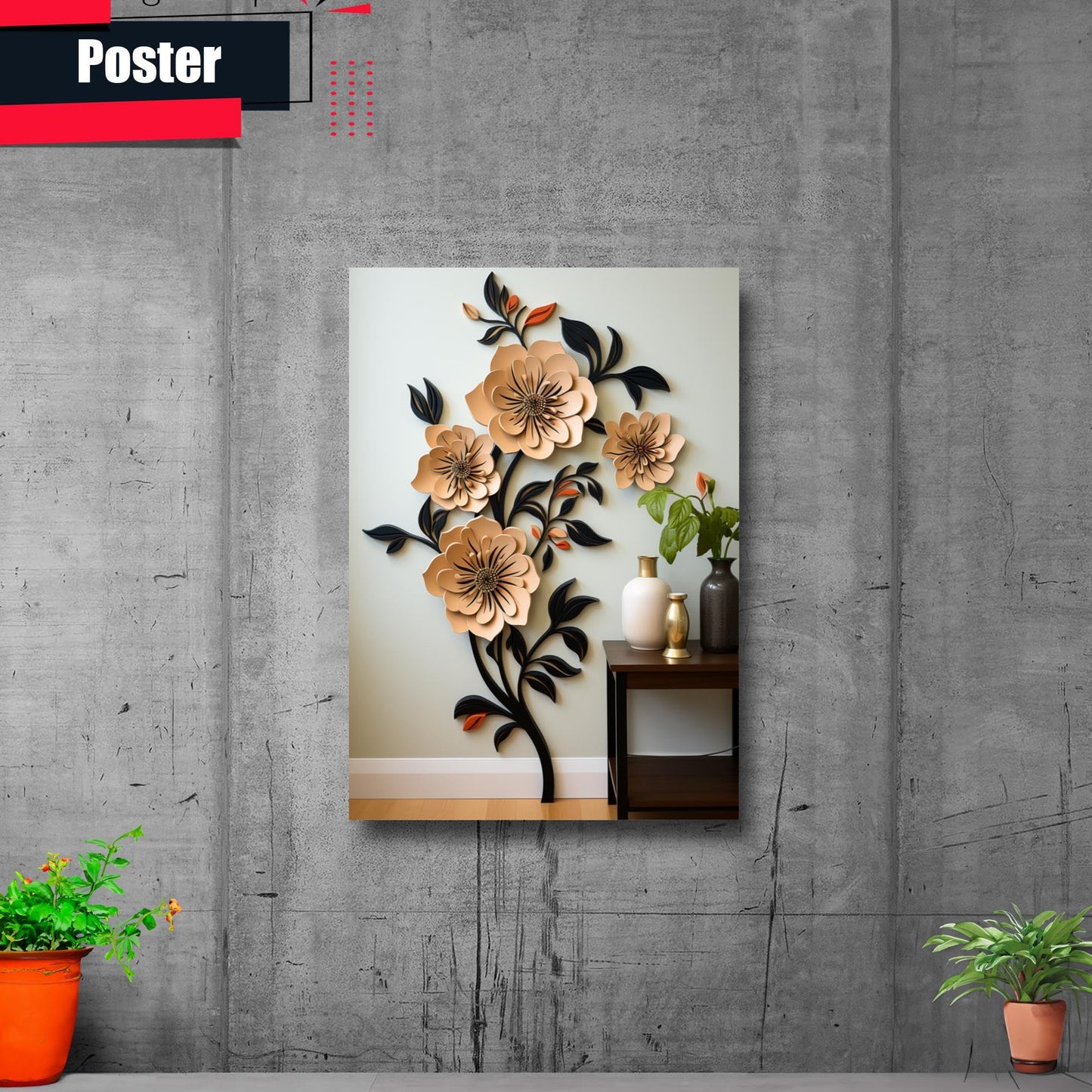 Scandinavian Folk Art, Black and Beige Abstract Botanical Wall Art for Scandinavian Home Decor, Poster, Home Decor