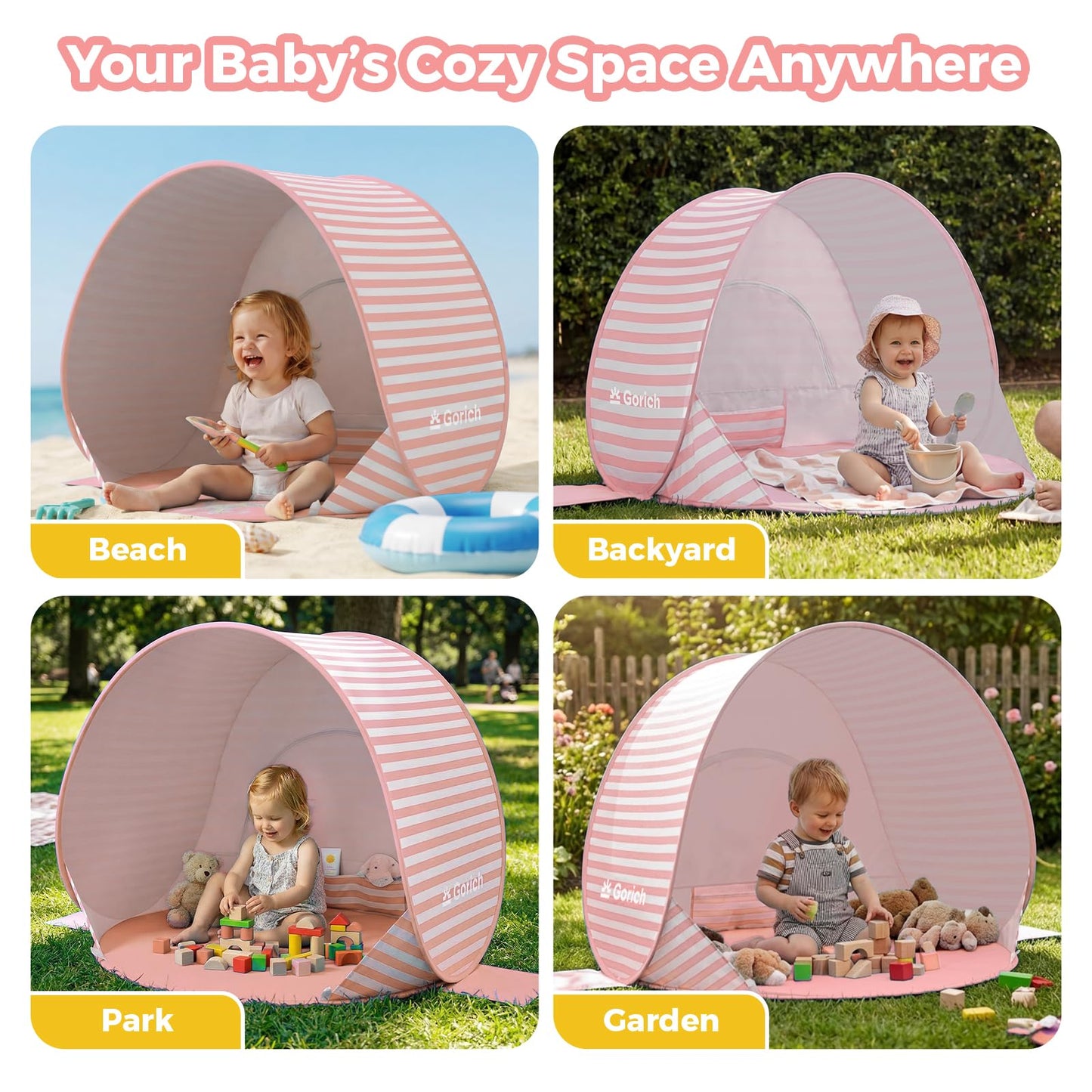 Gorich Pop Up Baby Beach Tent with UPF50+ UV Protection, Portable Toddler Sun Shelter with Mesh Ventilation, Lightweight & Foldable Play Shade Tent for Beach, Park & Backyard