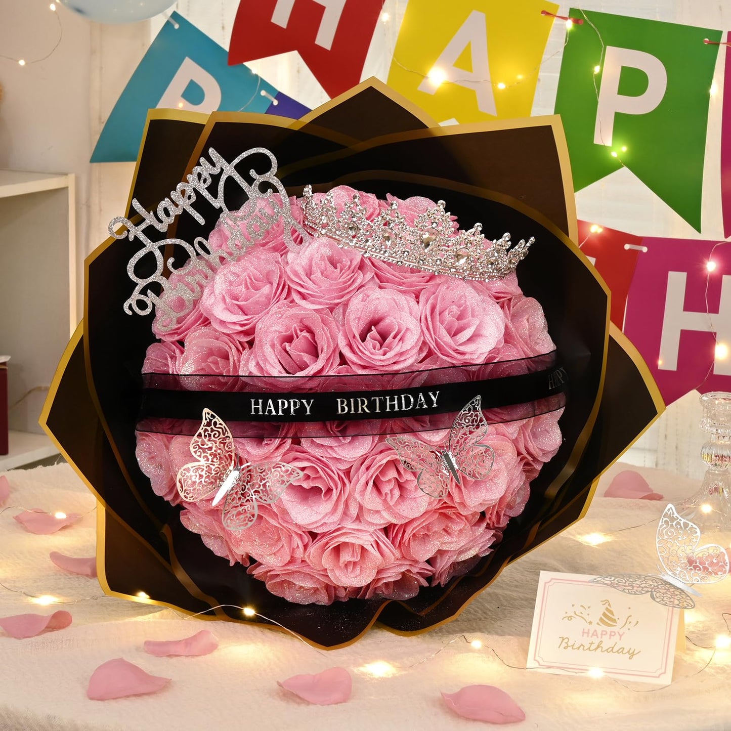 Waipfaru Glitter Roses Bouquet,Birthday Gifts for Women Mom,DIY Fake Flowers Bouquet with Birthday Stand-Up Signs,36 Pink Rose for Grandma Wife Friends