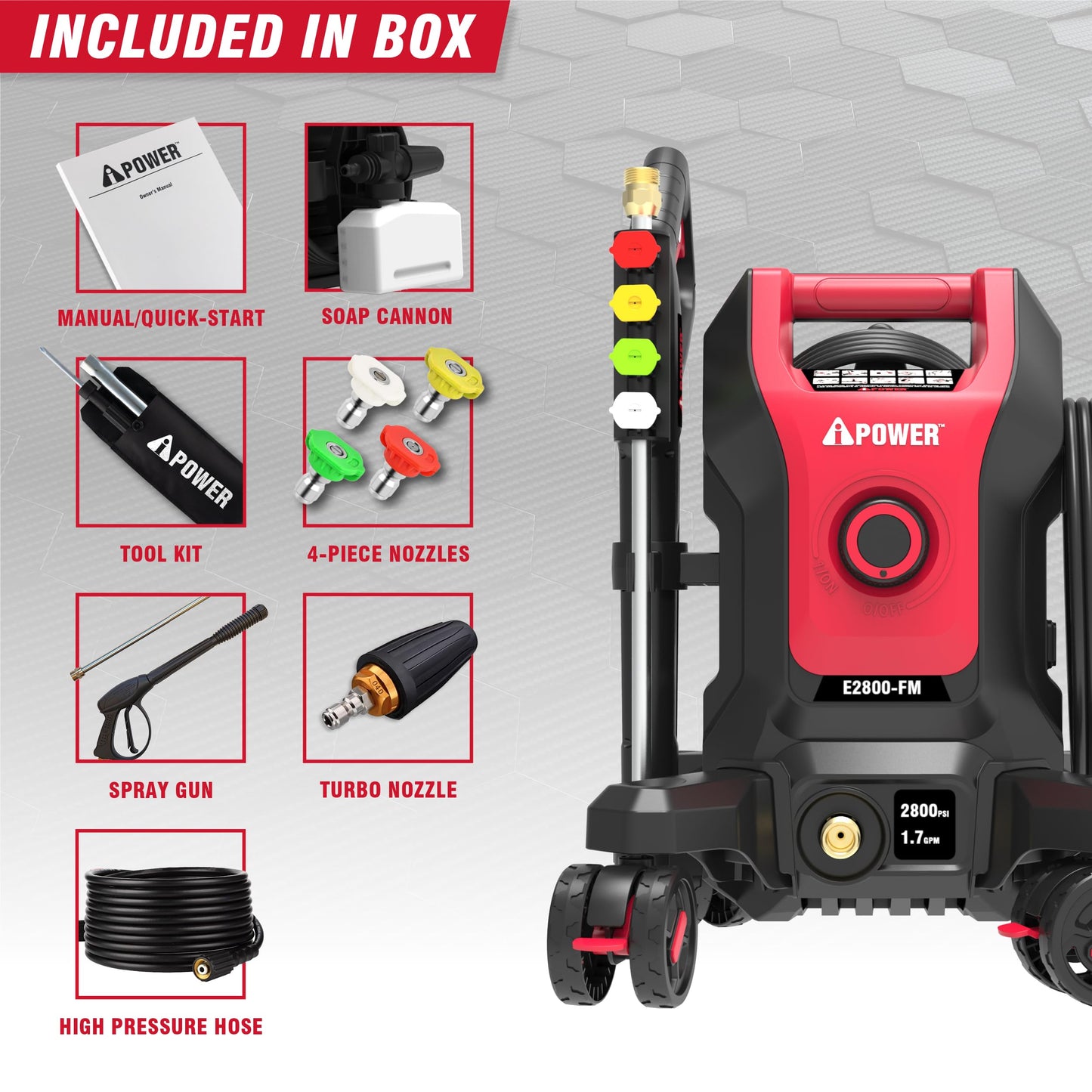 A-iPower Follow Me Electric Pressure Washer 2800 Max PSI 1.7 GPM Anti-Tipping Design with 5 Nozzles, Soap Dispense for Fences, Driveways, Patios, Cars, Home Cleaning, E2800-FM