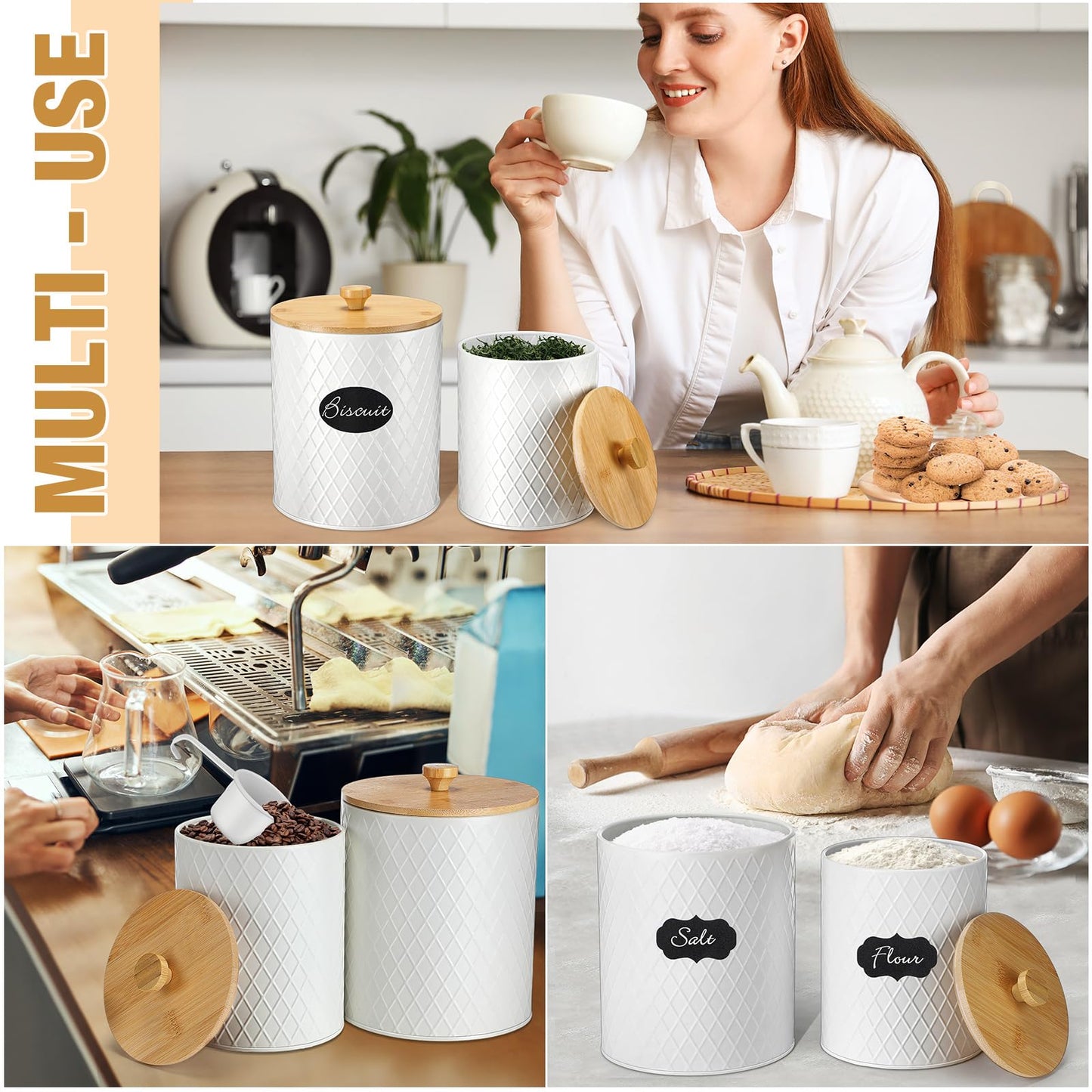 Teenyyou Metal Kitchen Canisters Set with Bamboo Lids and Spoon Airtight High Capacity Coffee Tea Sugar Flour Jars with DIY Labels Farmhouse Extra Large Storage Containers for Kitchen (2 Set,2 Sizes)