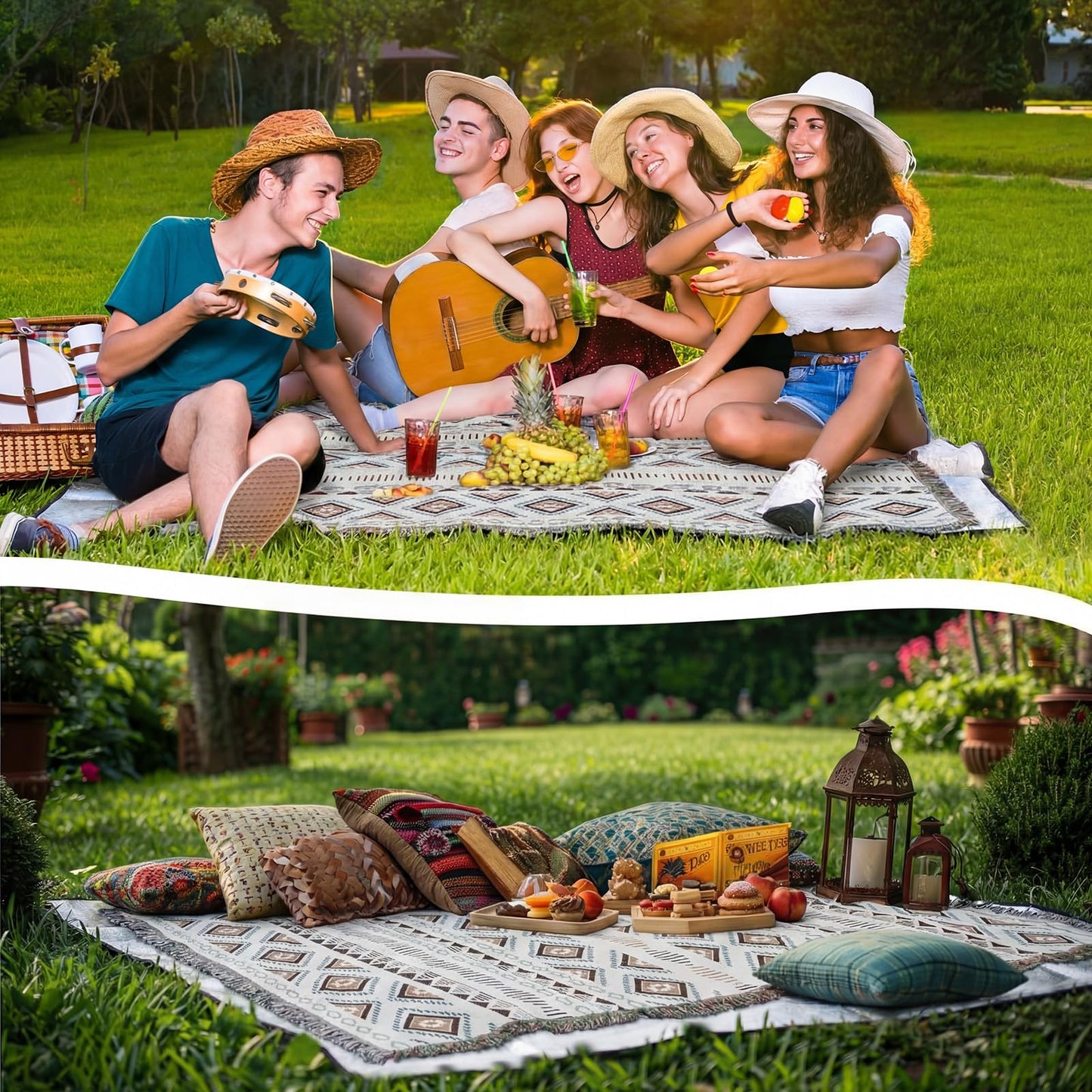 Hahafelt 91x 71 in Extra Large Outdoor Picnic Blanket with Waterproof Mat Oversize Beach Woven Cotton Yarn Blanket with Fringe Machine Sandproof for Spring Summer Camping Beach Park(Diamond,Brown)