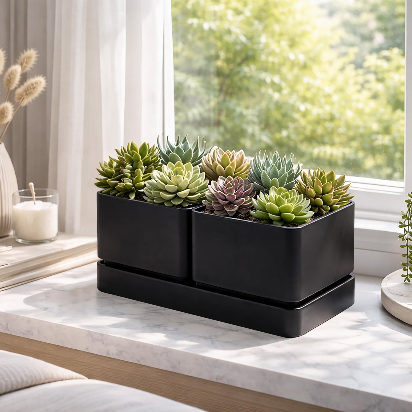 D'vine Dev Indoor Herb Garden Planter Set, Plastic Windowsill Plant Pots with Drainage and Saucer, Indoor Succulent Cactus Vegetable Pot for Balcony, Office, Garden, Black, Set of 2, 76-Q-B-2