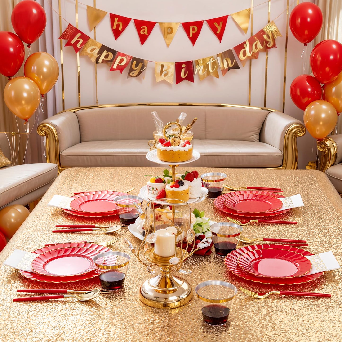 Ciaell 175 PCS Red Scalloped Plastic Plates with Gold Trim - Red Plastic Silverware with Handle - Fancy High-End Dinnerware Sets for Wedding & Party & Mother's Day