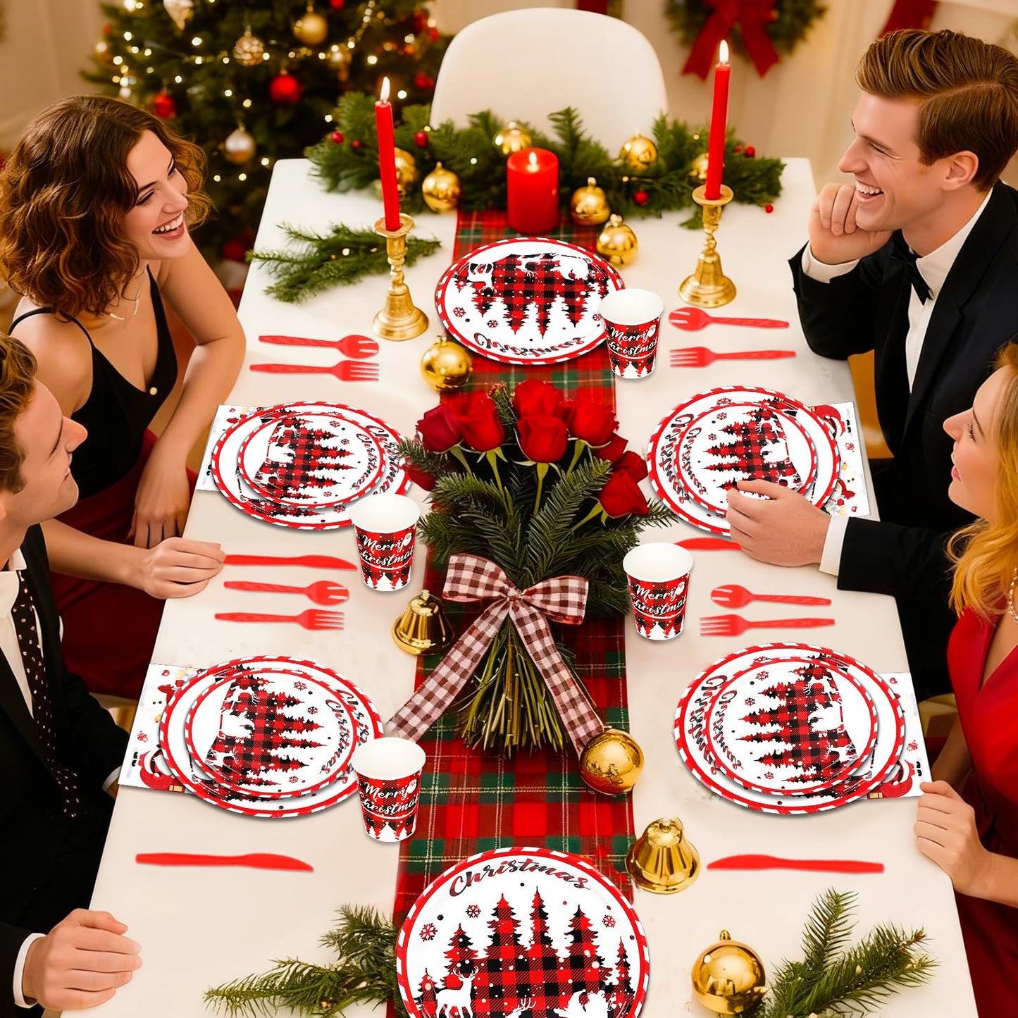 175 Pcs Christmas Paper Plates and Napkins Sets Santa Claus,Snowman,Reindeer Disposable Dinner Tableware Set With 7" Plate, 9" Plates, Napkins,Cups & Knife & Fork &Spoon Party Supplies Serve 25 Guests