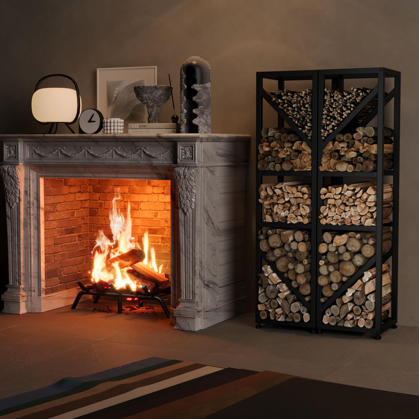 Wakeyard 47 Inch Tall Indoor Firewood Rack Outdoor, 5-Tier Functional Fireplace Log Holder, Heavy Duty Metal Firewood Storage Rack, Decorative Log Organizer, Anti-Rust Coating, Adjustable Pads