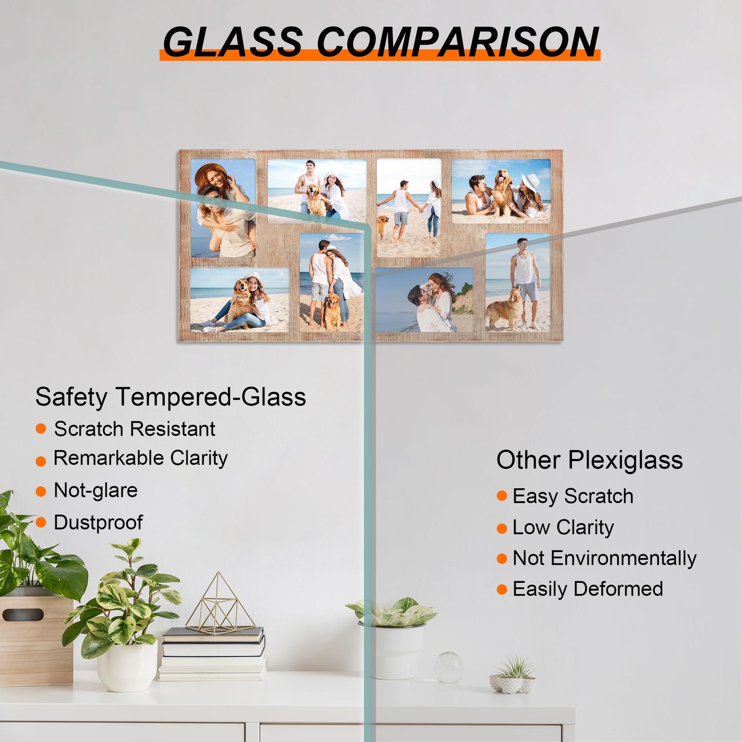YESKAY 4x6 Picture Frame Collage for Wall Decor,Multiple Photo Collage Frames with Tempered Glass,8-Opening for 4 x 6 Picture Frames,Rustic Brown,1 Pack(OD:11.75X21in)