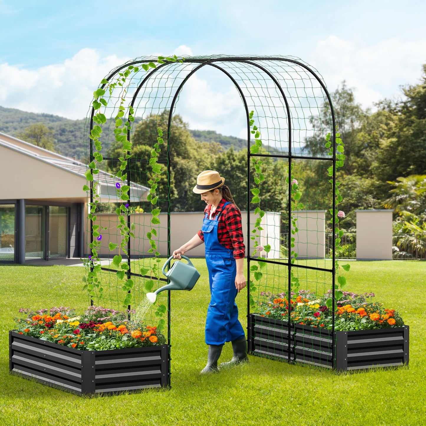 UrGROWA 3 in 1 Galvanized Raised Garden Bed with 87" H Arch Trellis for Climbing Plants, Outdoor Gardening Planter Box with Climbing Net for Flower Vegetables Fruits Herbs, Black