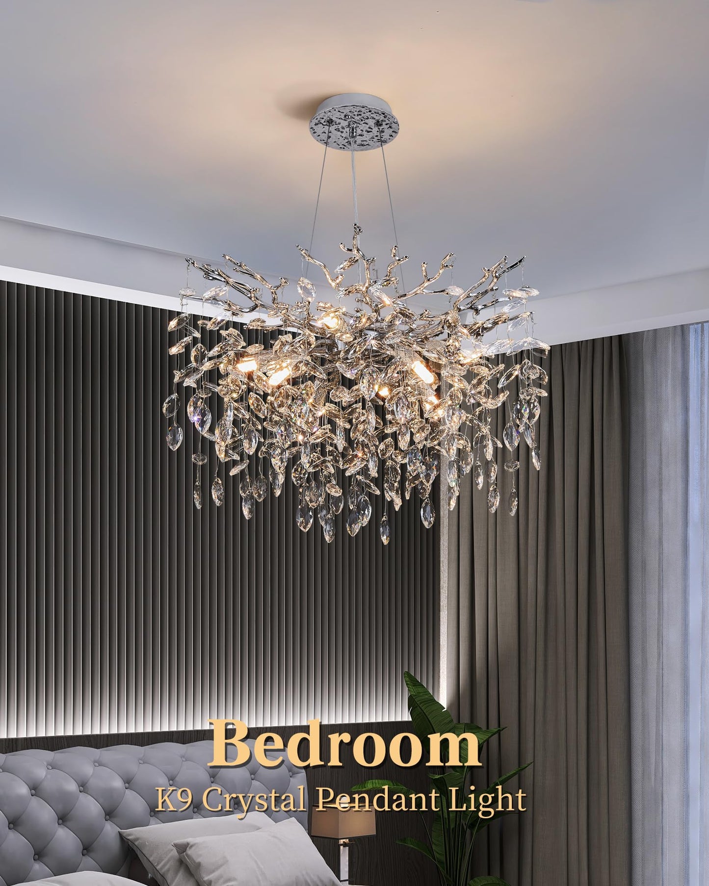 witkey Modern Tree Branch Crystal Chandelier Luxury Silver Crystal Pendant Lighting 23.6" Contemporary 8-Light Chandeliers for Dining Room Kitchen Bedroom Living Room