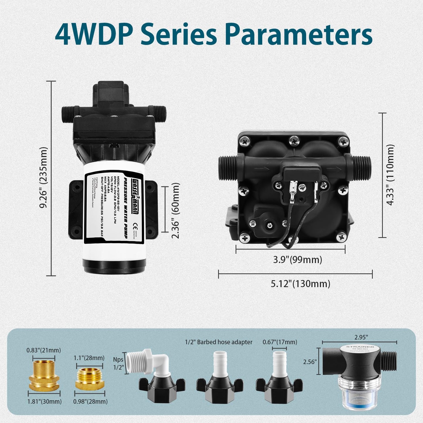 WASSERMANN RV Water Pumps Pressure Pump 115V AC with Pressure Switch, Self-priming Water Pump 5.0GPM 55PSI, Fresh Water Pump for RV Kitchen Barthroom Marine Yacht Garden Diaphragm Pump