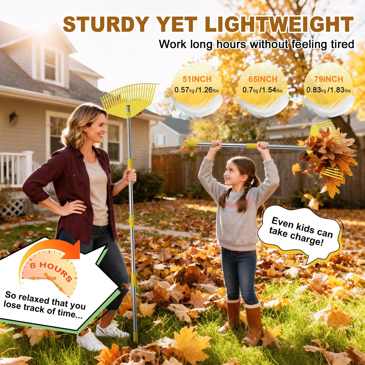 Leaf Rake - 16.5" Wide Nylon Plastic Head,51" Adjustable Stainless Steel Handle,Heavy Duty Gardening Leaves Rake Tools for Garden Lawns,Yard,Shrub,Grass - Lightweight for Women,Seniors & Kids
