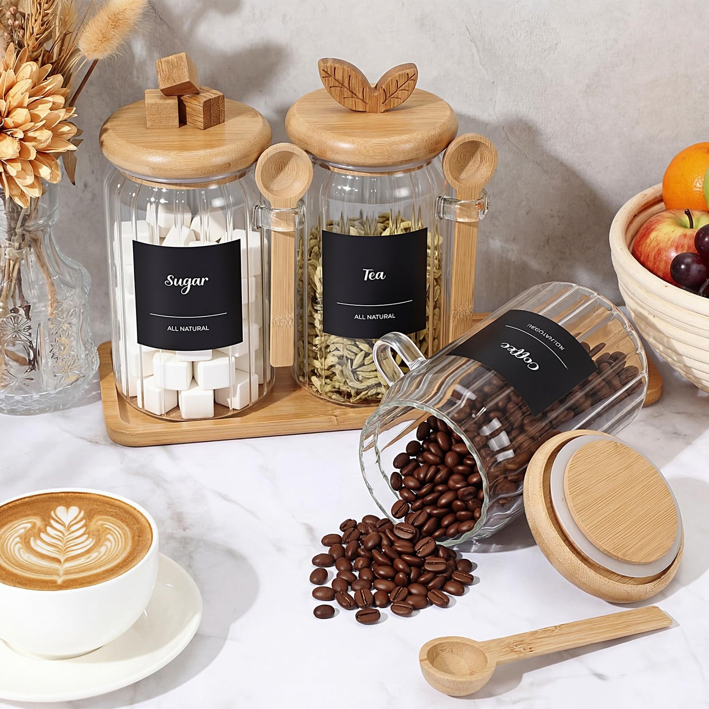Suclain 3 Pcs Glass Coffee Container with Bamboo Color Lid & Spoon, 25 oz Airtight Glass Jar with Wooden Shelf, Food Storage Containers Coffee Jar Tea Container(Bamboo Color)