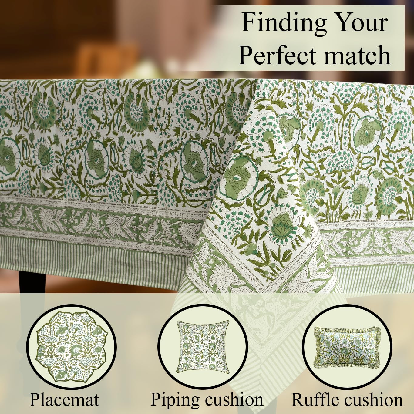 CPC Tablecloth 100% Cotton 60x90 Inch Indian Block Print Rectangle Table Cover, Washable Table Cloth for Weddings, Spring/Summer, Barbeque - Agate Green