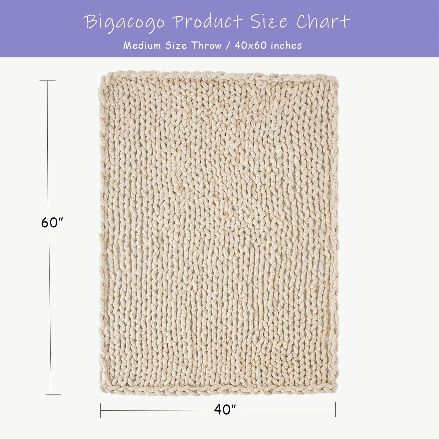 Bigacogo Chunky Knit Throw Blanket for Couch, 40x60 inches, 100% Hand Knitted with Thick Jumbo Chenille Yarn, Cozy Soft Large Rope Knot Cable Crochet Blankets for Sofa Bed Living Room, Beige