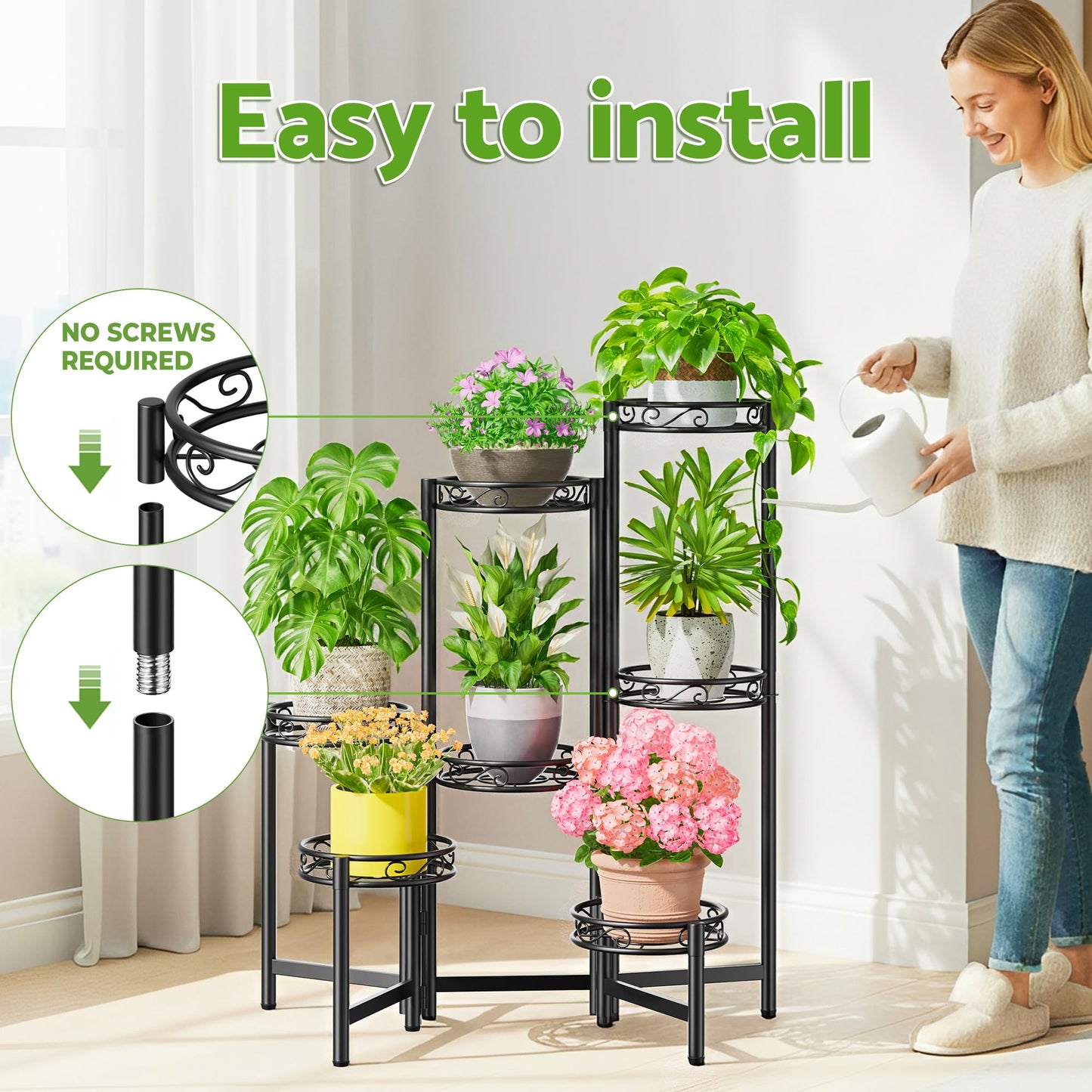 NQW Metal Plant Stand Indoor Outdoor 7 Tier Multiple Flower Pot Holder Shelf Planter Display Shelving Unit for Patio Garden Corner Balcony Living Room Black Circle
