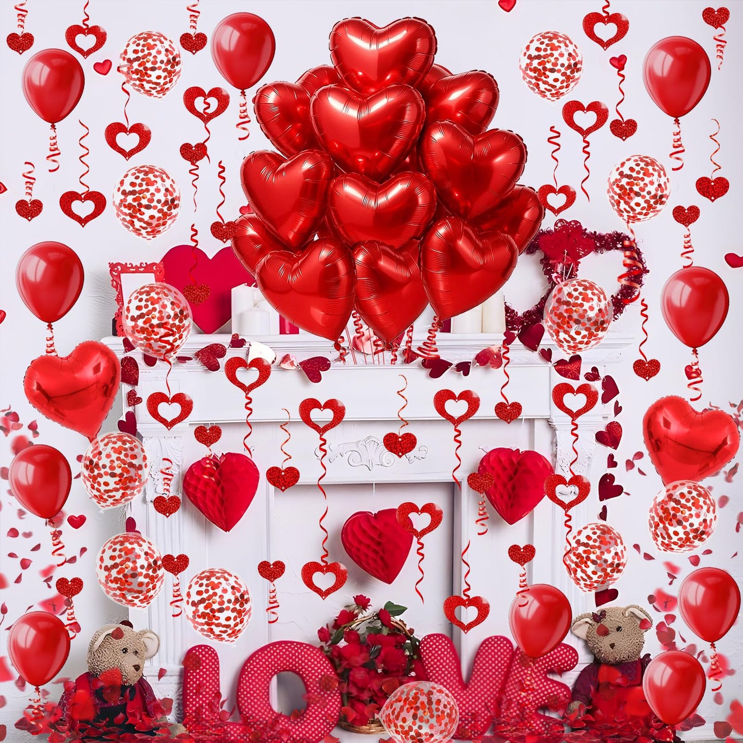 Heart-Shaped Aluminum Foil Balloon,Red Latex balloons,Confetti Balloon,Fake Petals and Hanging Streamer for Valentines Wedding Bridal Shower Anniversary Engagement Party Supplies Decorations