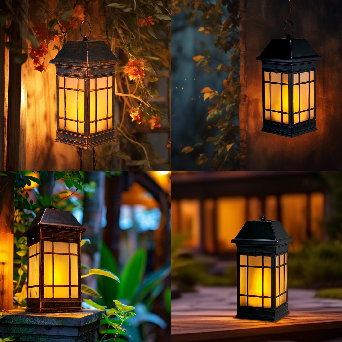 anyperfect 15.5" Solar Lantern Outdoor Waterproof, Glass Flickering Flame Solar Lanterns, Hanging Metal Lantern Decorative for Patio Front Porch Garden Backyard Tabletop Party Decoration