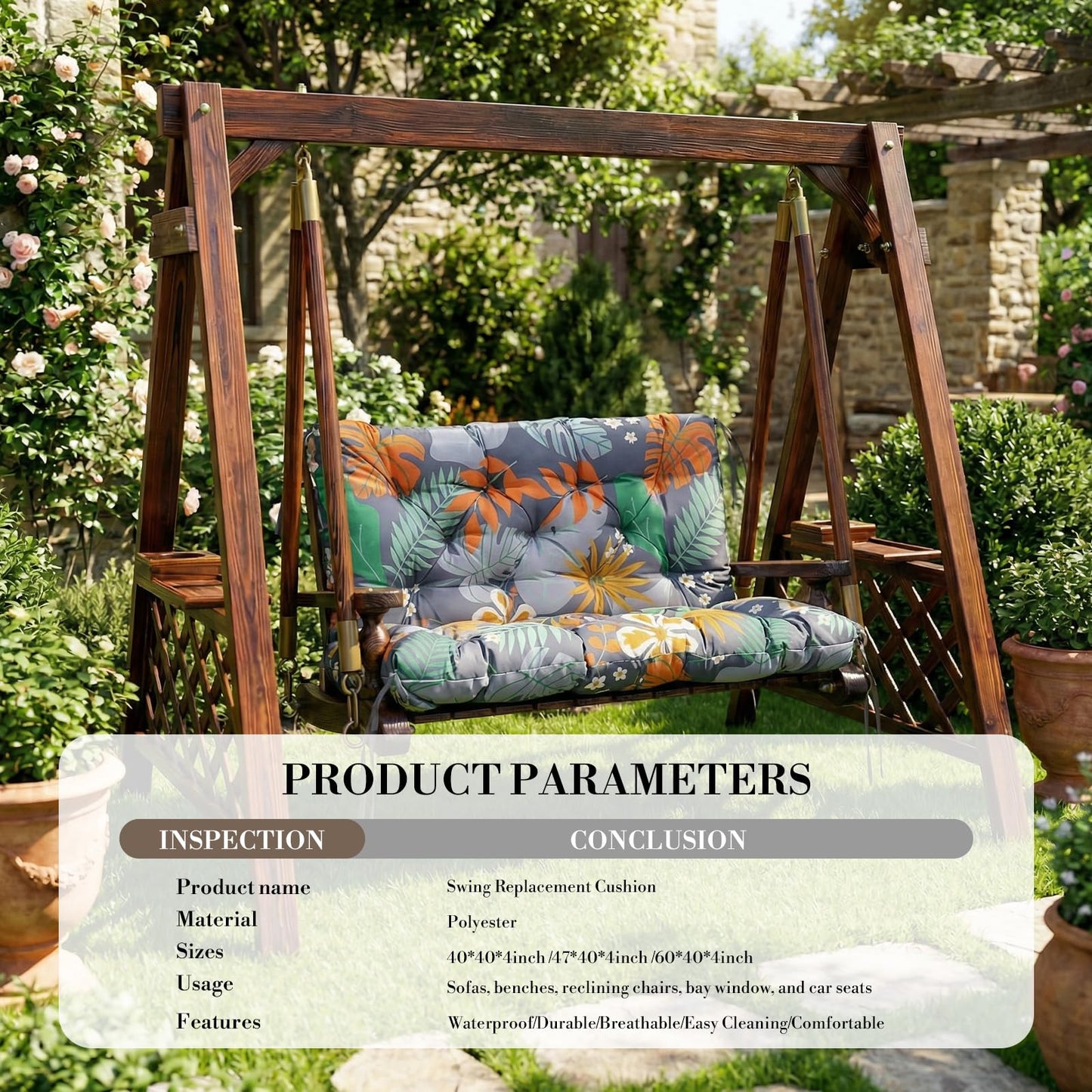 Outdoor/Indoor Swing Replacement Cushion,2 or 3 Seats Bench Cushions with Backrest, Thicken 4" Recliner Seat Pad for Garden/Patio, Waterproof Premium Tufted Cushion with Ties(Flower Leave-60x40x4in)