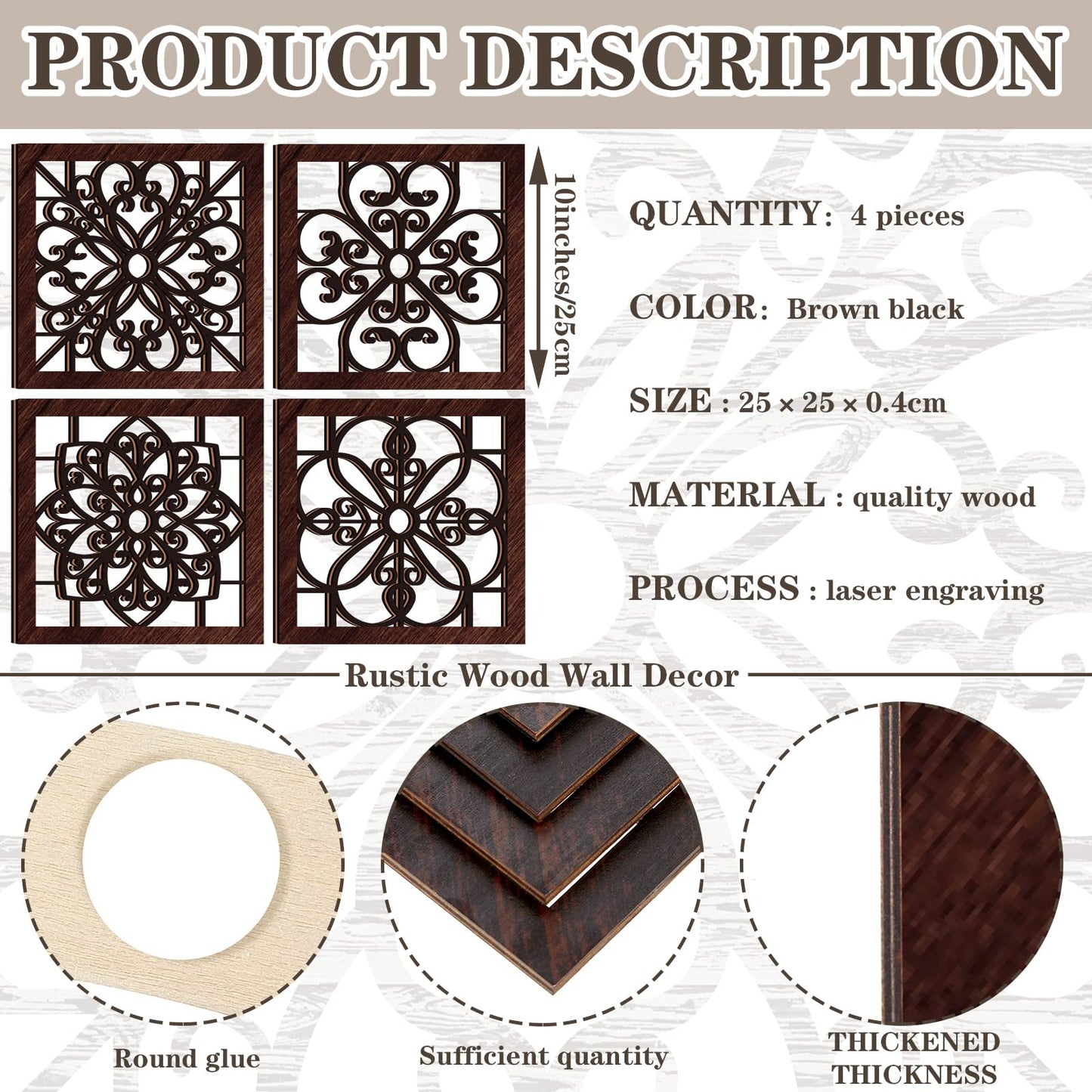 Yulejo 4 Piece Thicken Rustic Wall Decor - Wooden Hollow Carved Design Rustic Wall Art for Living Room, Bedroom, Hallway, Office, Kitchen (Brown, Black)