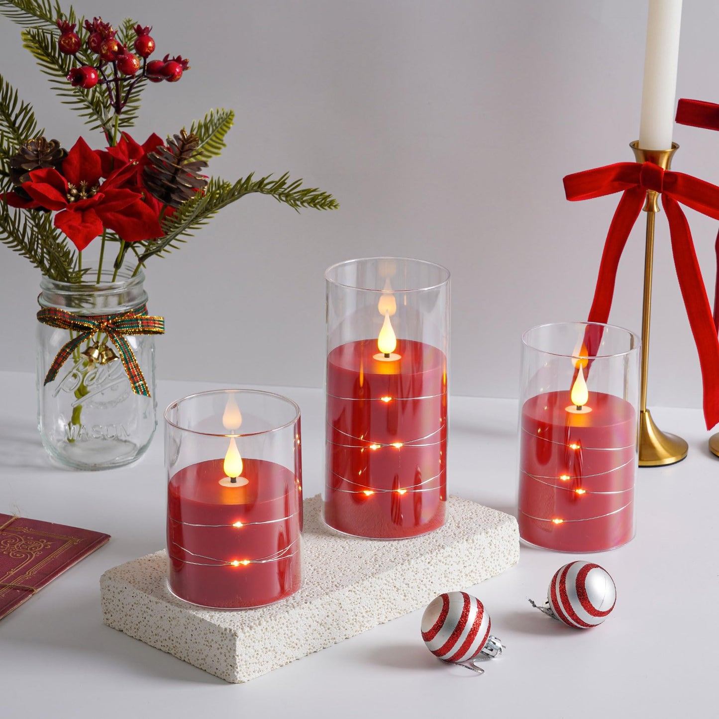 Da by Flickering Flameless Candles with Remote,Acrylic LED Candles with Embedded Star String,Battery Operated Candle, for Home and Holiday Decoration Set of 3(Red)