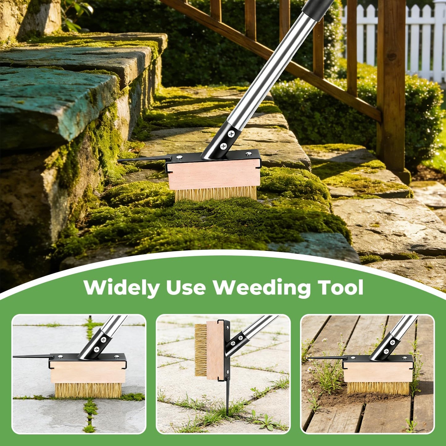 Crack Weeder Tool with 2 Brush Heads,5.1in Extended Metal Crevice Weeding Brush,Weed Moss Remover Tool for Weeding Between Concrete Pavers Decks,Weeding Puller Removal with Long Handle