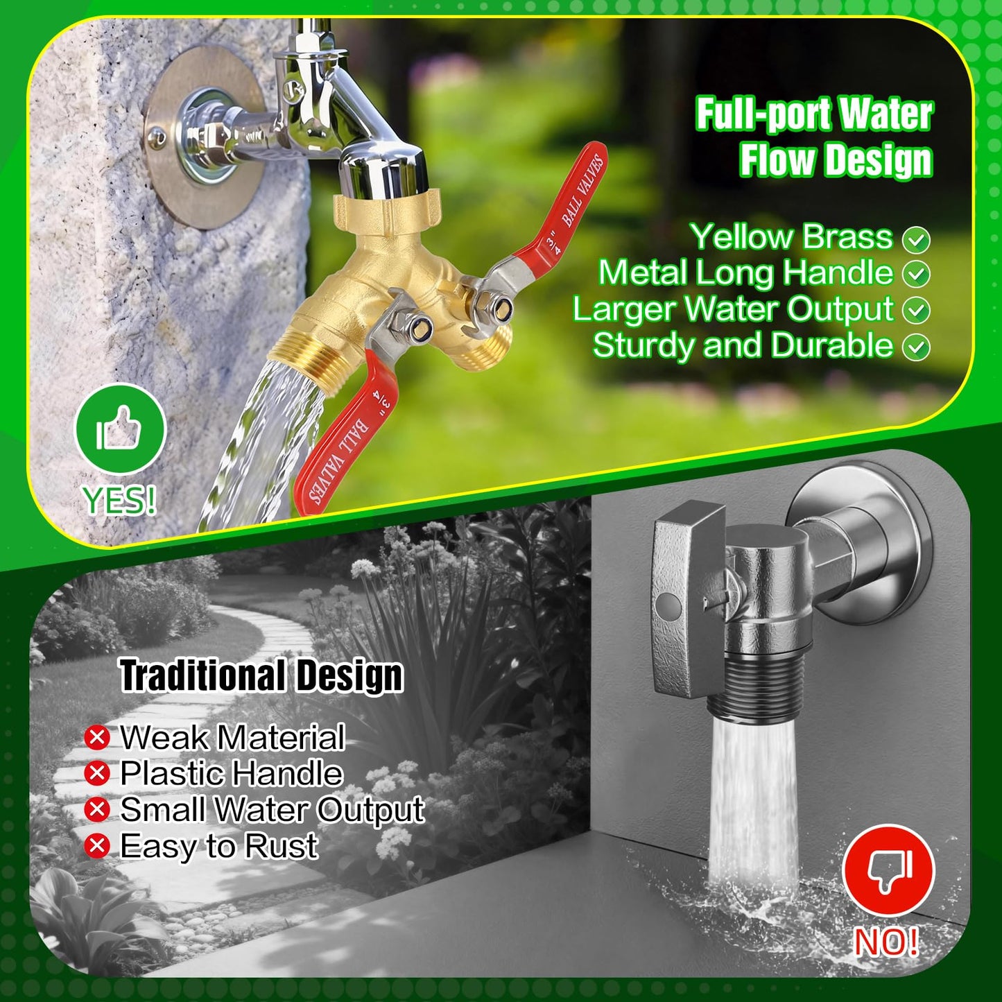 Breeze Touch Garden Hose Splitter, Brass Hose Splitter 2 Way Heavy Duty, Outdoor Water Faucet Splitter with Metal Extended Handle, Outdoor Faucet Connector for Lawn, Irrigation & Washing