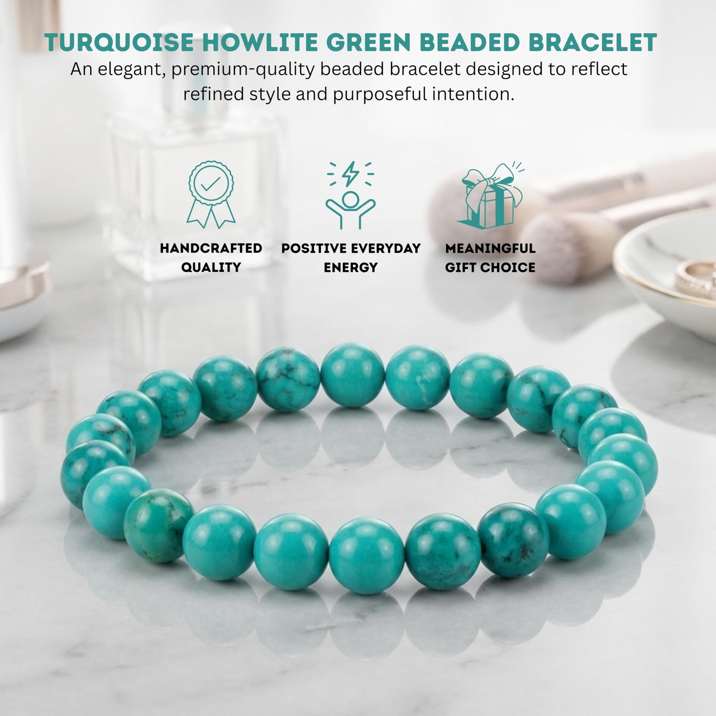 Cherry Tree Collection Turquoise Howlite Green Beaded Bracelet – Genuine 8mm Gemstone Stretch Bracelet for Men & Women – Handmade Crystal Bracelet - (Turquoise Howlite Green - M)
