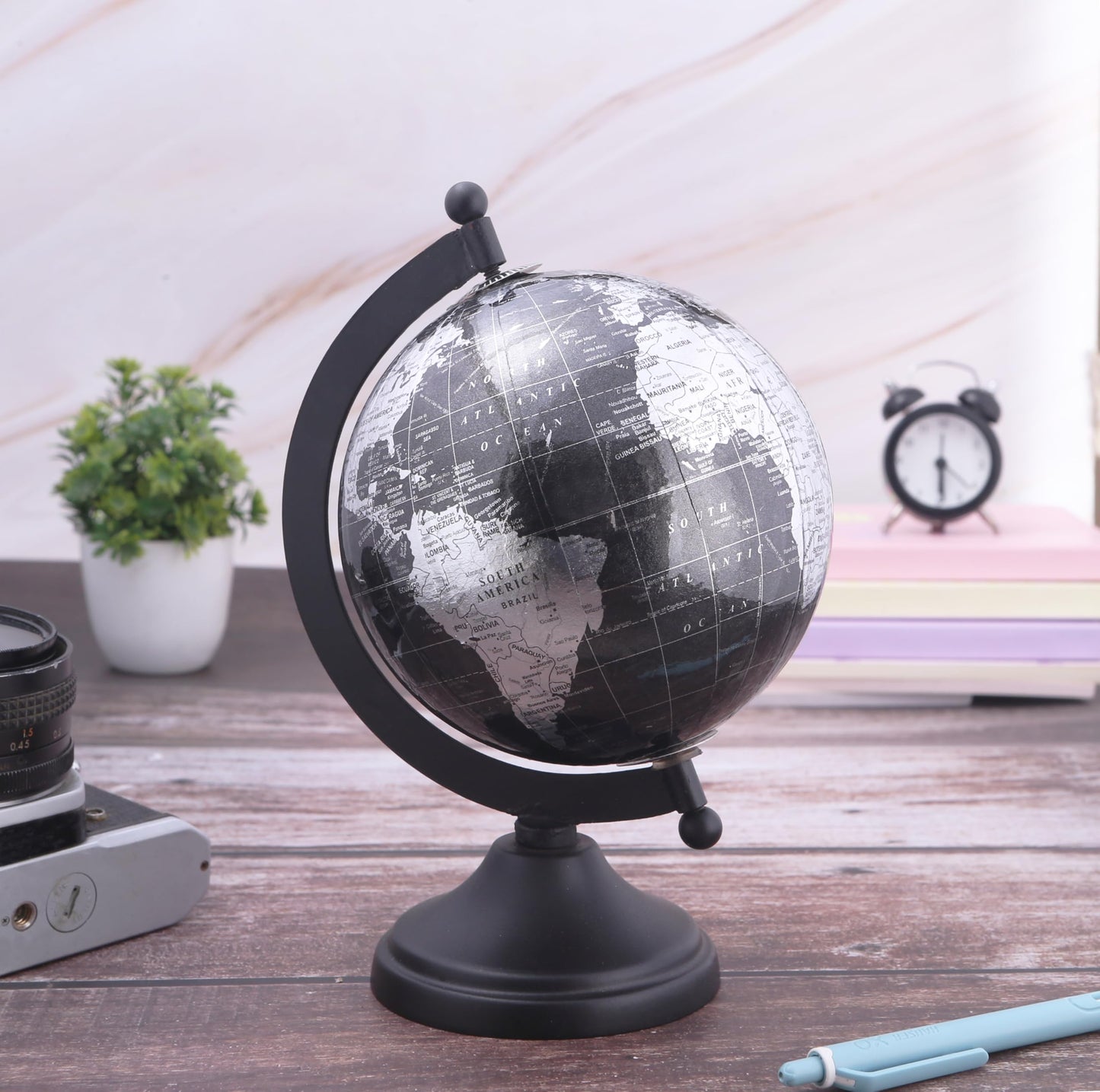 Rely+ 5" World Globe With Sturdy Metal Stand (NOT PLASTIC!) - Desktop Globes For Home Desk Table Office Decor - Book Shelf Decor Globe - 5 Inch - Metallic Black
