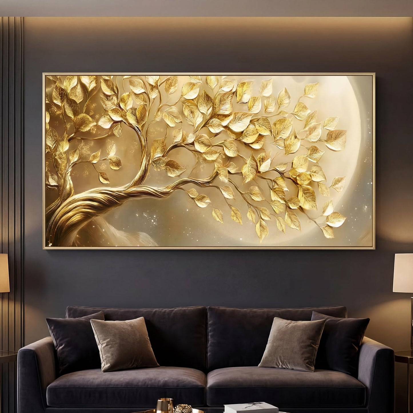 BirdSuite Gold Framed Golden Leaf Money Tree Wall Art, Luxury 3D Effect Canvas Print, Ready to Hang Wall Decor for Living Room Bedroom Office Dining Room Entryway, 48x24 Inch