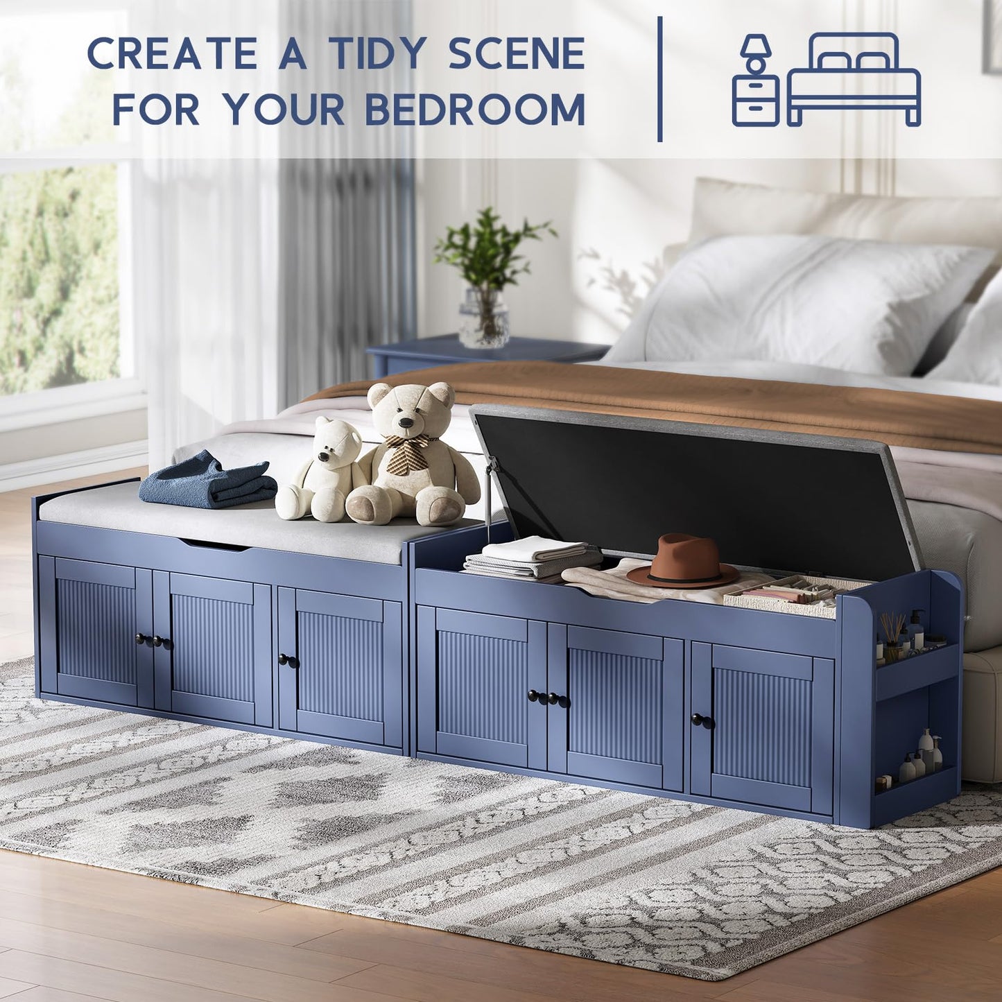 HOTAMO 42.6" Storage Bench - Entryway Shoe Bench with Side Storage Shelves and 3 Doors, Multifunctional Entryway Bench with Lift Top Cushion, Shoe Storage Bench for Bedroom, Living Room, Blue