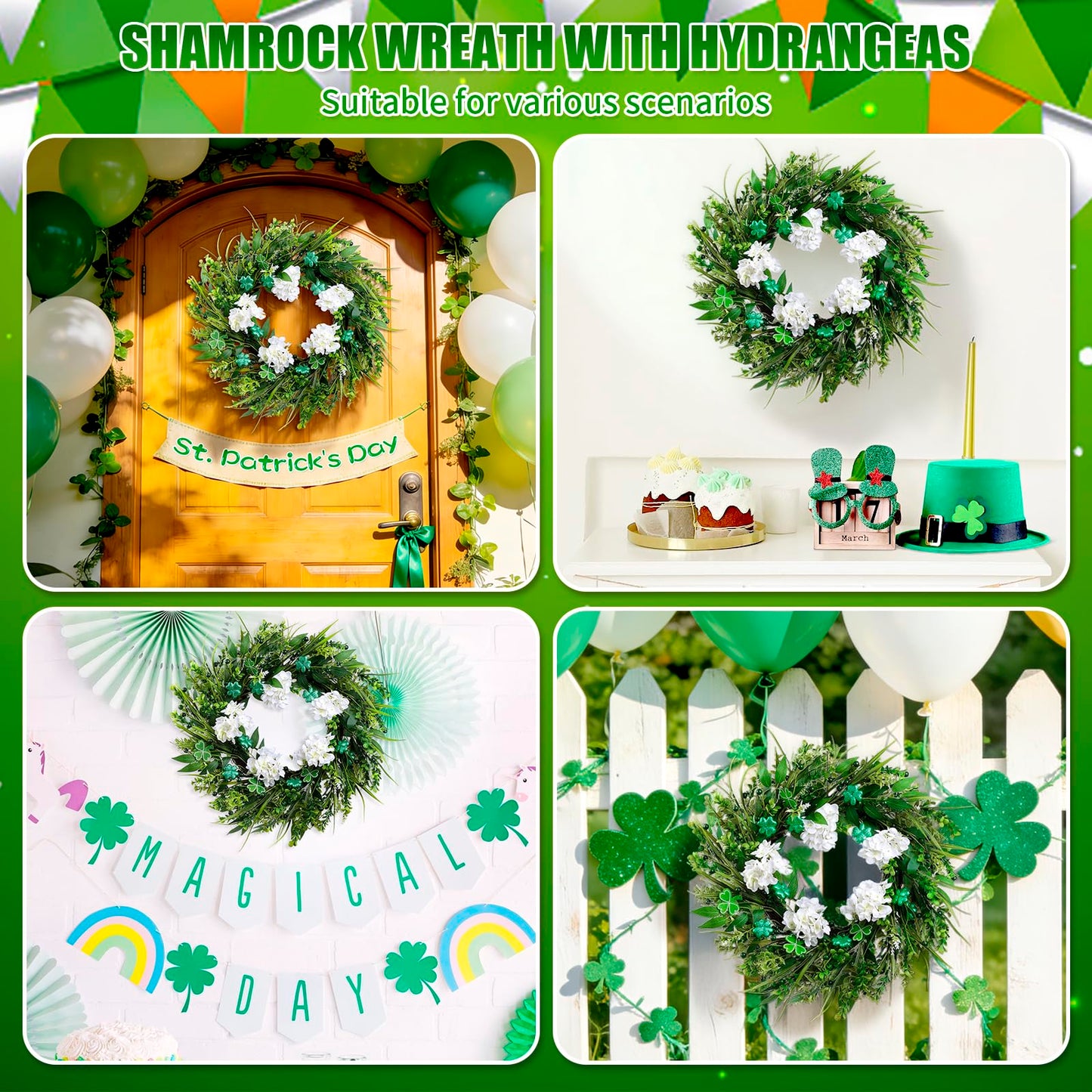 22" st Patricks Day Wreaths for Front Door, Green Shamrock & White Hydrangea Artificial Wreaths with LED Lights, Spring Holiday Wreath for Wall Window Porch Home Decor