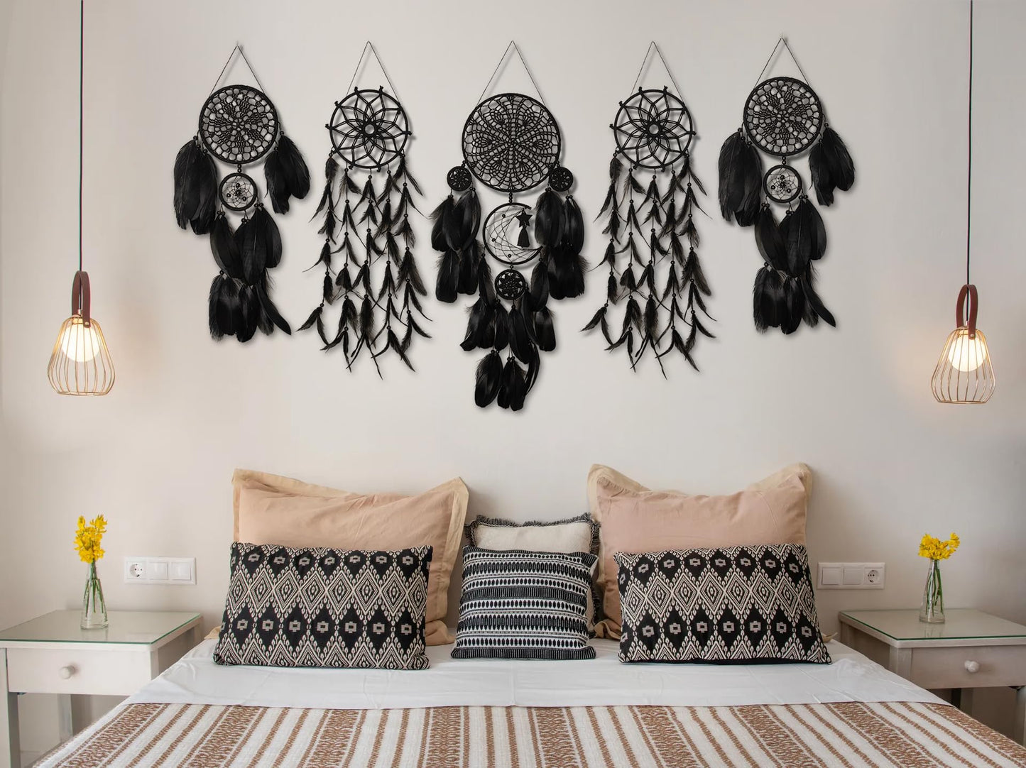 5 Pack Black Dream Catchers Boho Wall Decor Macrame Wall Hanging Large Moon Phase Handmade Traditional Dream Catcher for Bedroom Adult Living Room Home Halloween Decorations,Witchy Gifts(Black Set)