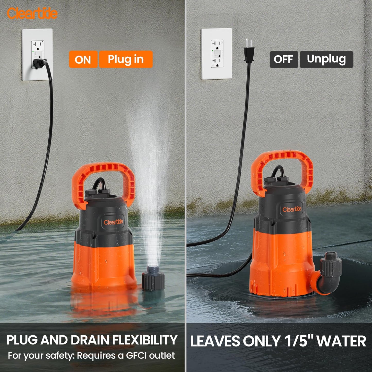 Cleartide Submersible Sump Pump, 1/2 HP Utility Water Pump for Pool Draining, Hot Tub, Basement, Electric Drain Pump Handles 3/8" Solids, 10 FT Cord