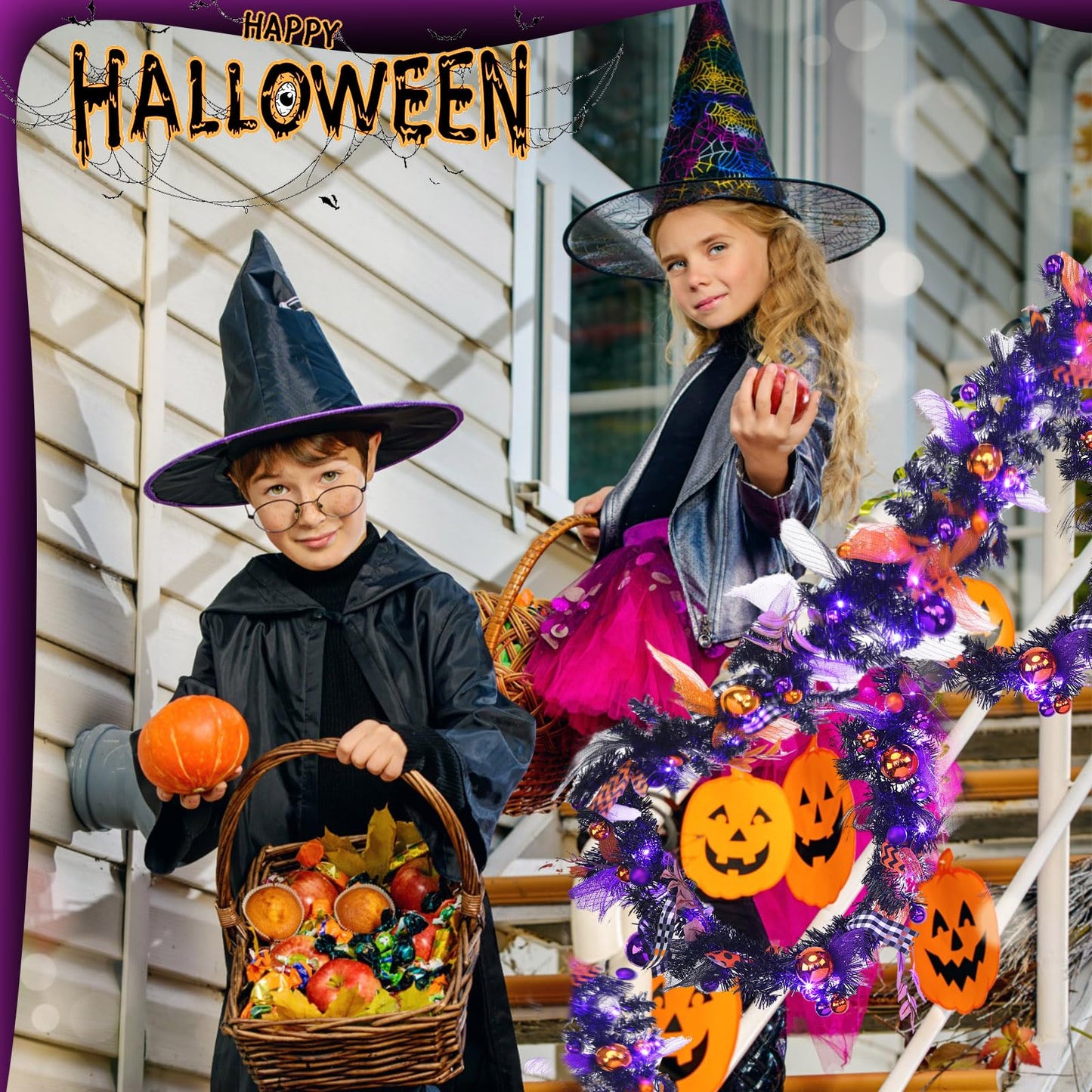 Riceshoot 6 ft Artificial Halloween Garland with LED Mixed Ball Rustic Halloween Hanging Garland String for Mantel Kitchen Fireplace Wall Window Home Indoor Outdoor Decor