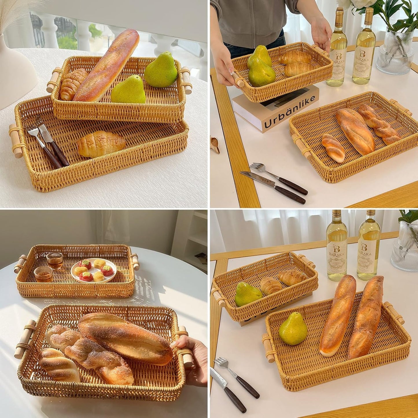 GIB Woven Baskets Serving Trays with Handle, Small Rectangle PP Wicker Rattan Trays Bread Basket for Serving Food, Vegetables, Breakfast, Coffee Table Decor, 14" & 12", Set of 2