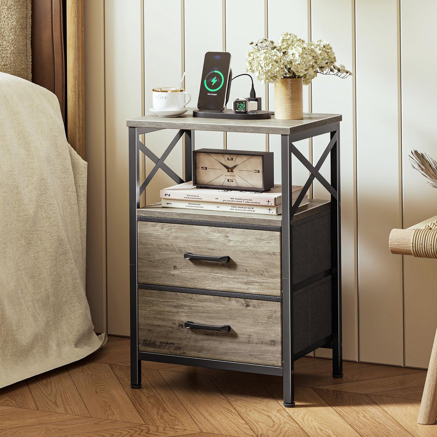 Huuger Night Stand with Charger Station, 2 Drawer Nightstand with Open Shelf, Bed Side Table with USB-C Port, End Table, Compact Size for Small Spaces, X Shaped Side Rail, Oak