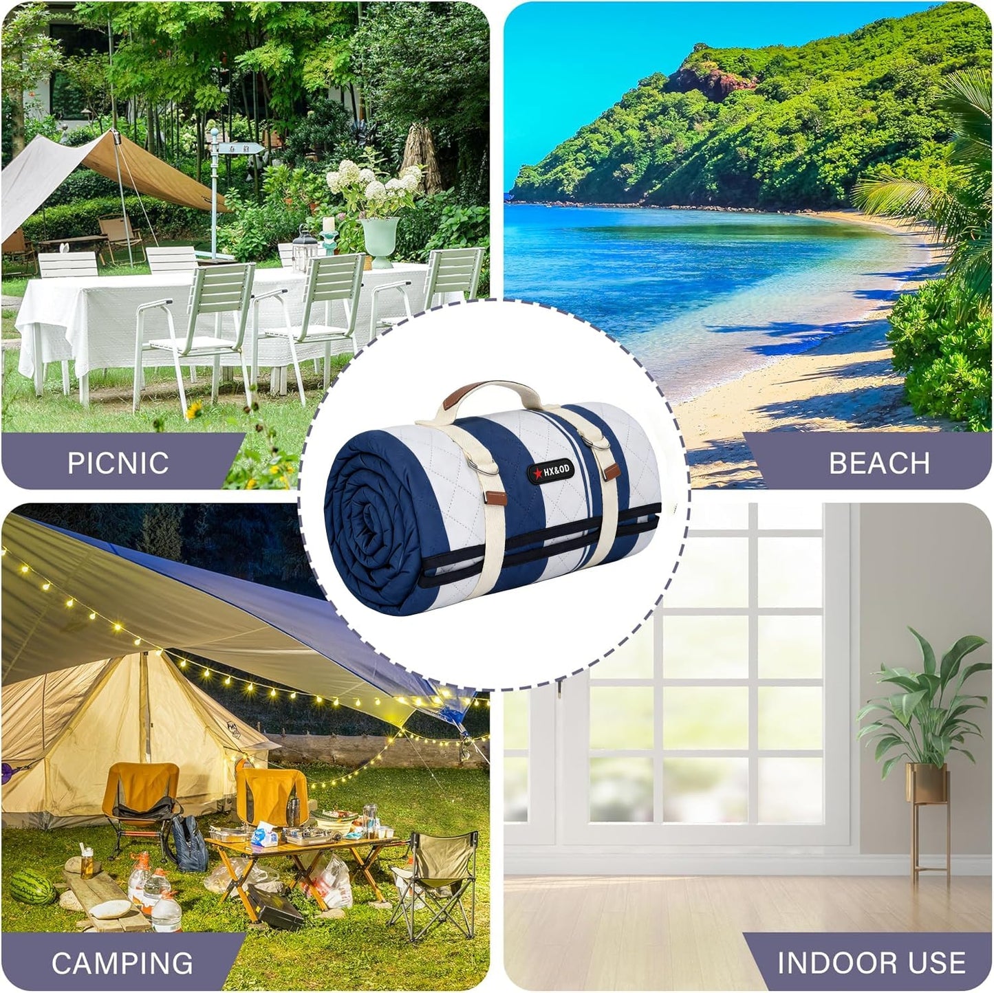 HX&OD Outdoor Picnic Blanket Extra Large, 80''*80'' Waterproof Picnic Mat with Stakes Foldable Camping Blanket Portable with Carry Strap for Beach Mat (Blue& White, 80''*80'')