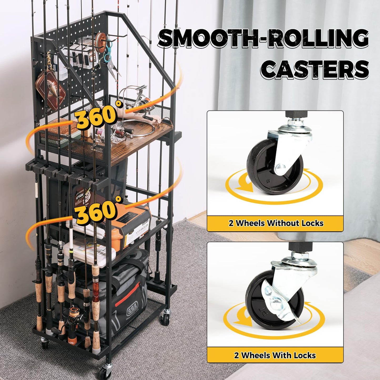 SOYEEZE Fishing Rod Holders for Garage, Fishing Pole Holders Up to 12 Rods with Pegboard and Hooks,Rolling Fishing Cart with Wheels, Fishing Gear Storage For Tackle Box & Reel Organization