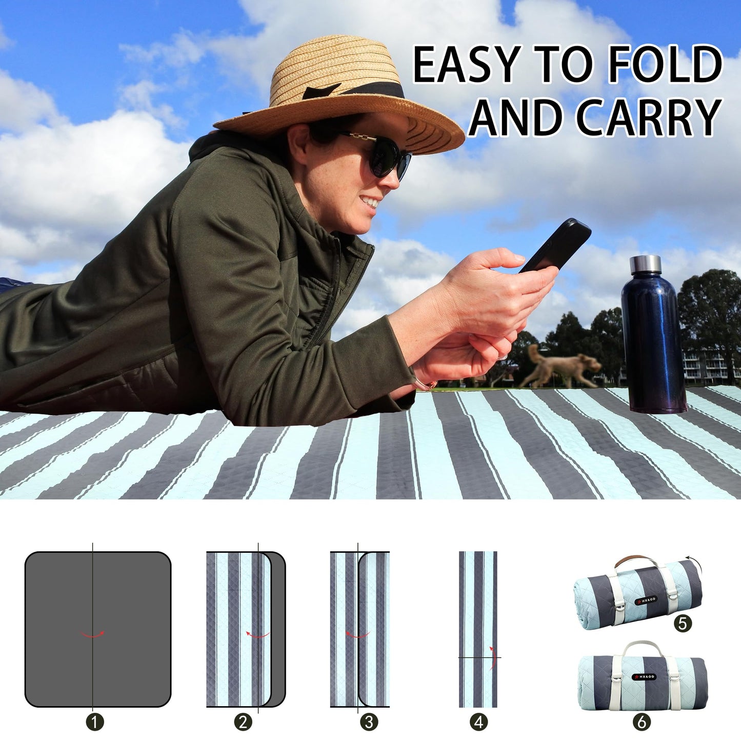 HX&OD Extra Large Picnic Outdoor Blanket, 80”x80” Waterproof Picnic Mat Foldable Camping Blanket Portable with Carry Strap for Beach Mat Outdoor Camping Party(Grey&Green)