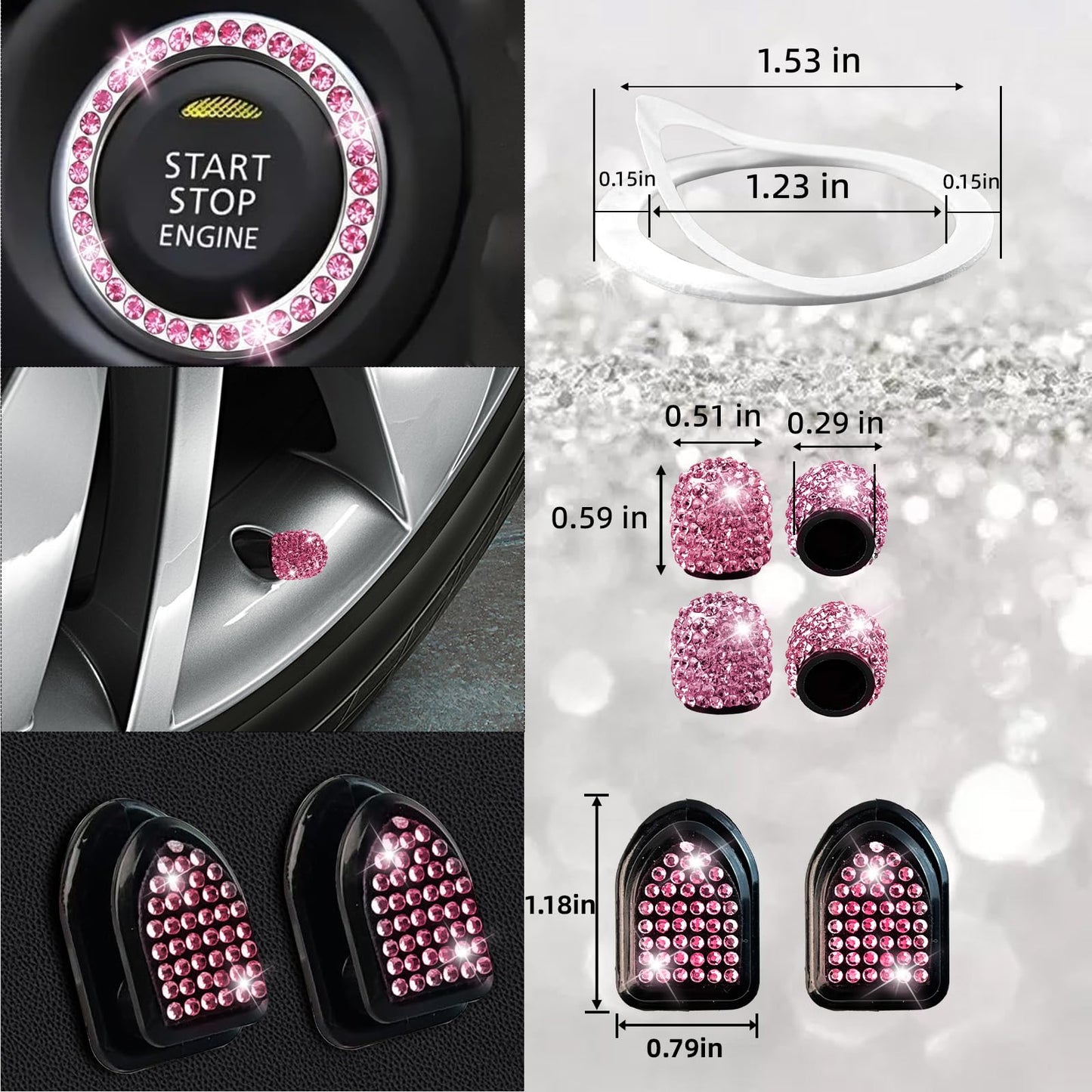 NBTEPEM 27-Piece Bling Car Accessories Set - Universal Fit Steering Wheel Covers, License Plate Frames, Phone Holder, Car Fast Charger, Coasters (Pink)