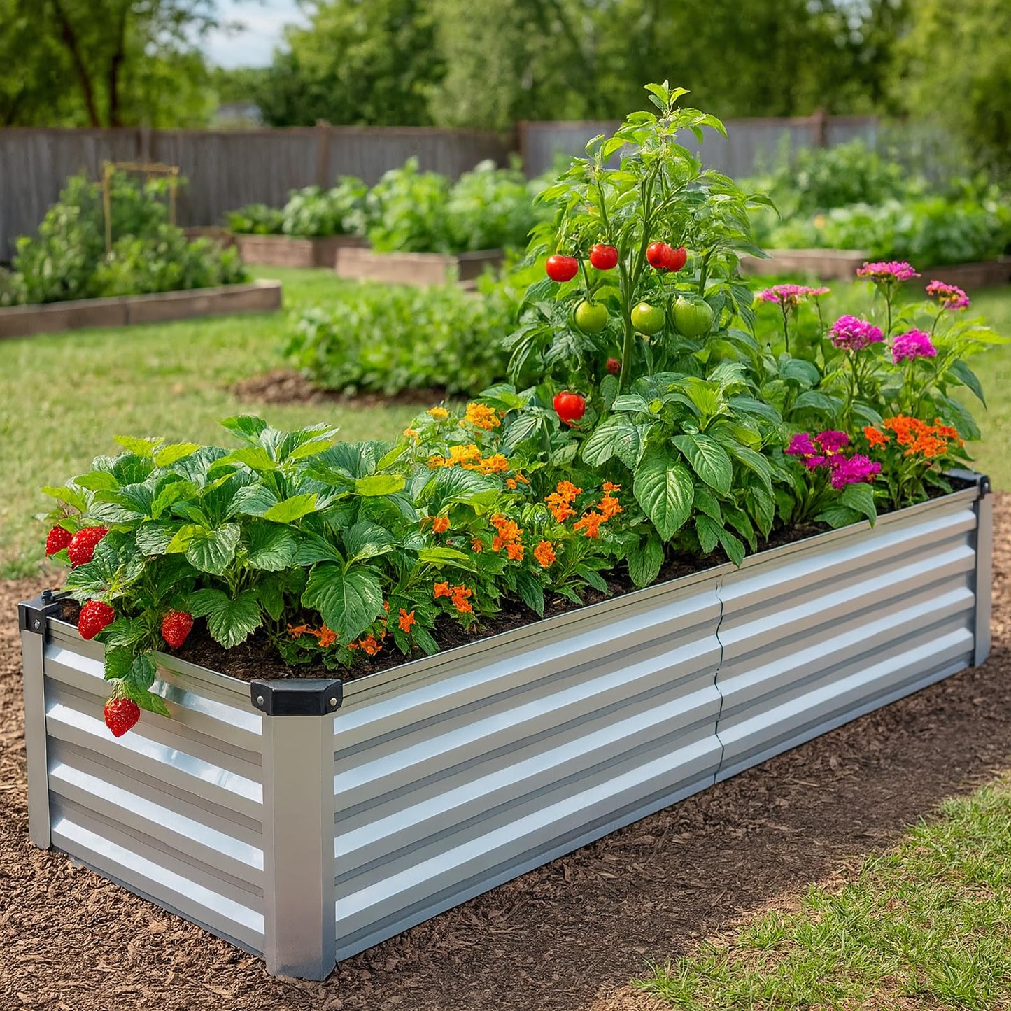 Bujijun 2 Pack 6x1.5x1FT Galvanized Metal Raised Garden Bed Kit for Vegetables, Herbs, Open-Bottom Large Capacity Outdoor Planter Box Gardening Stakes, Silver