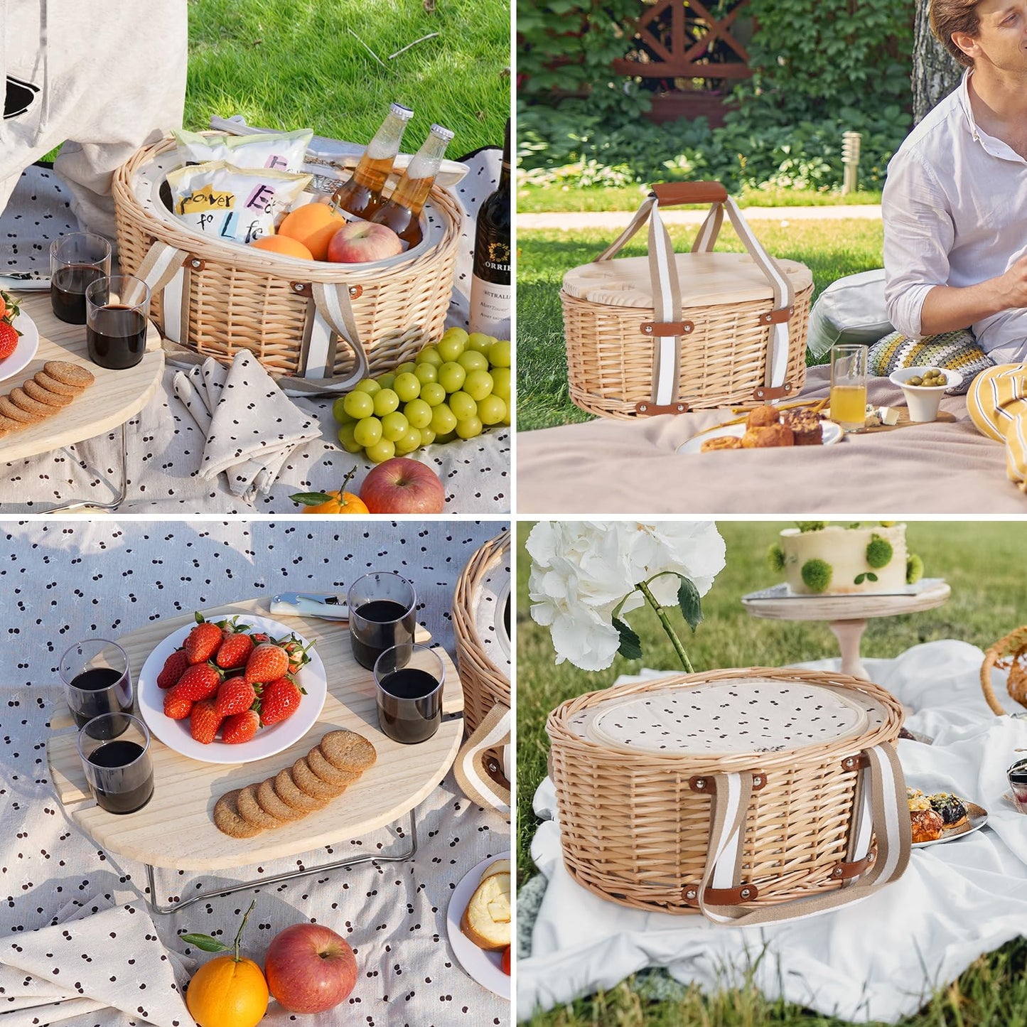 Zettfuly Picnic Basket Set for 4 - Wicker Insulated Picnic Basket with Folding Wine Table, Wine Picnic Kit with Liner for Couples, Camping, Outdoor, Valentine (Cherry)