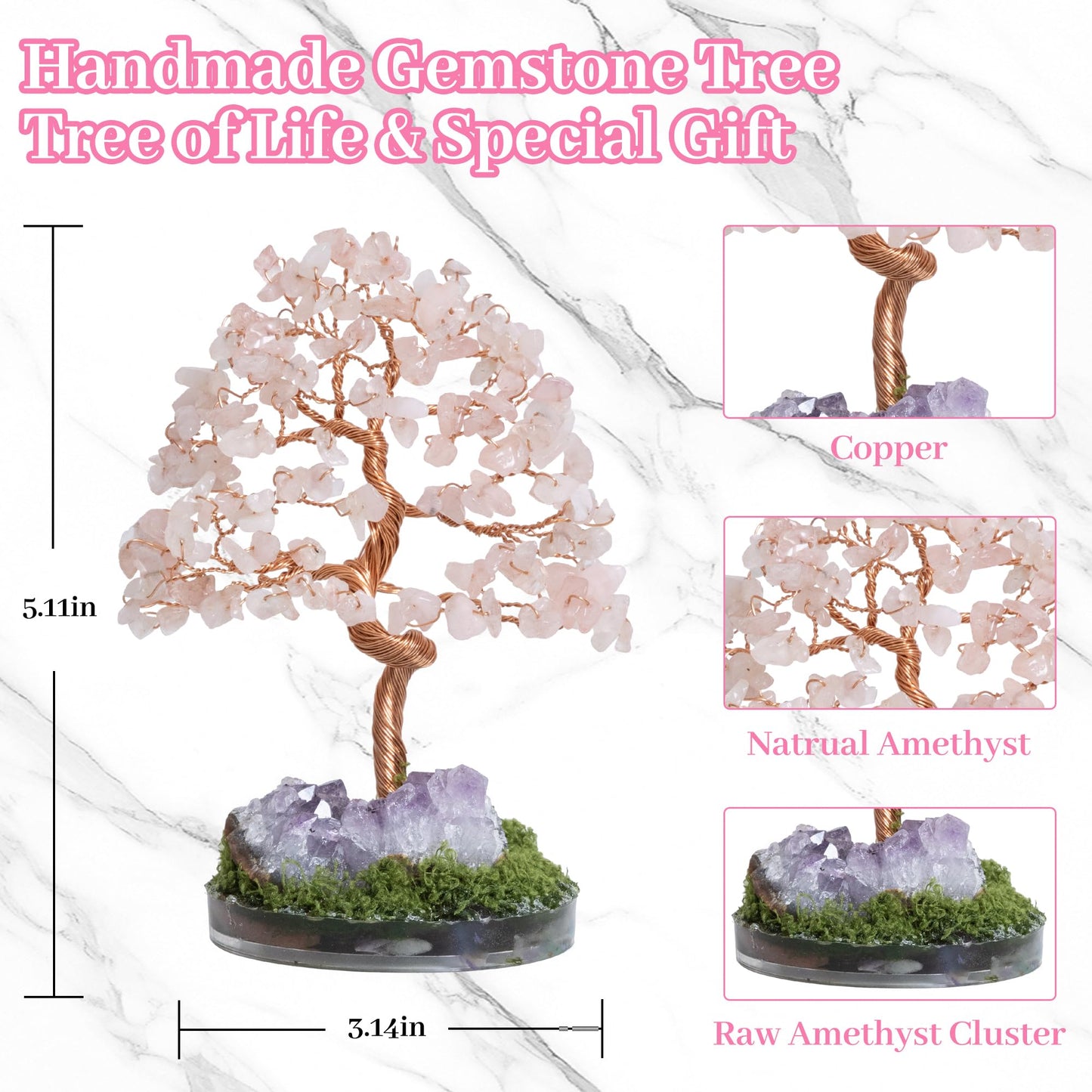 Dreamocean Rose Quartz Crystal Tree of Life Pink Crystal Tree Money Gemstone Bonsai Tree for Positive Energy, Money, Good Luck Feng Shui Spiritual Decor Birthday Gifts for Women (Pink)