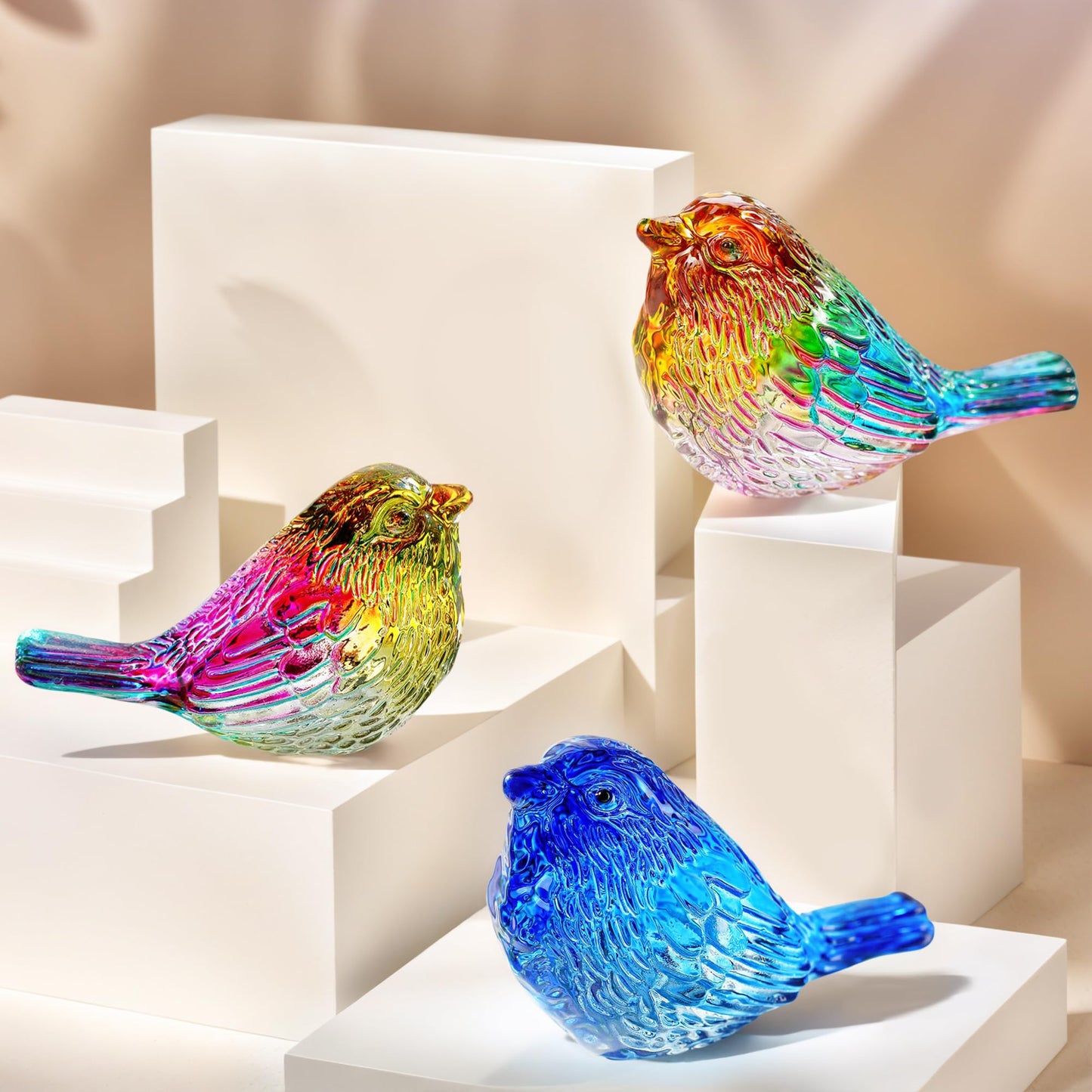 QFkris 3" Small Bird Statues Home Decor Accents Blown Glass Birds Decor for Tabletop, Office Desk, Living Room, Coffee Table, Shelf, Bookshelf (2 PCAK)