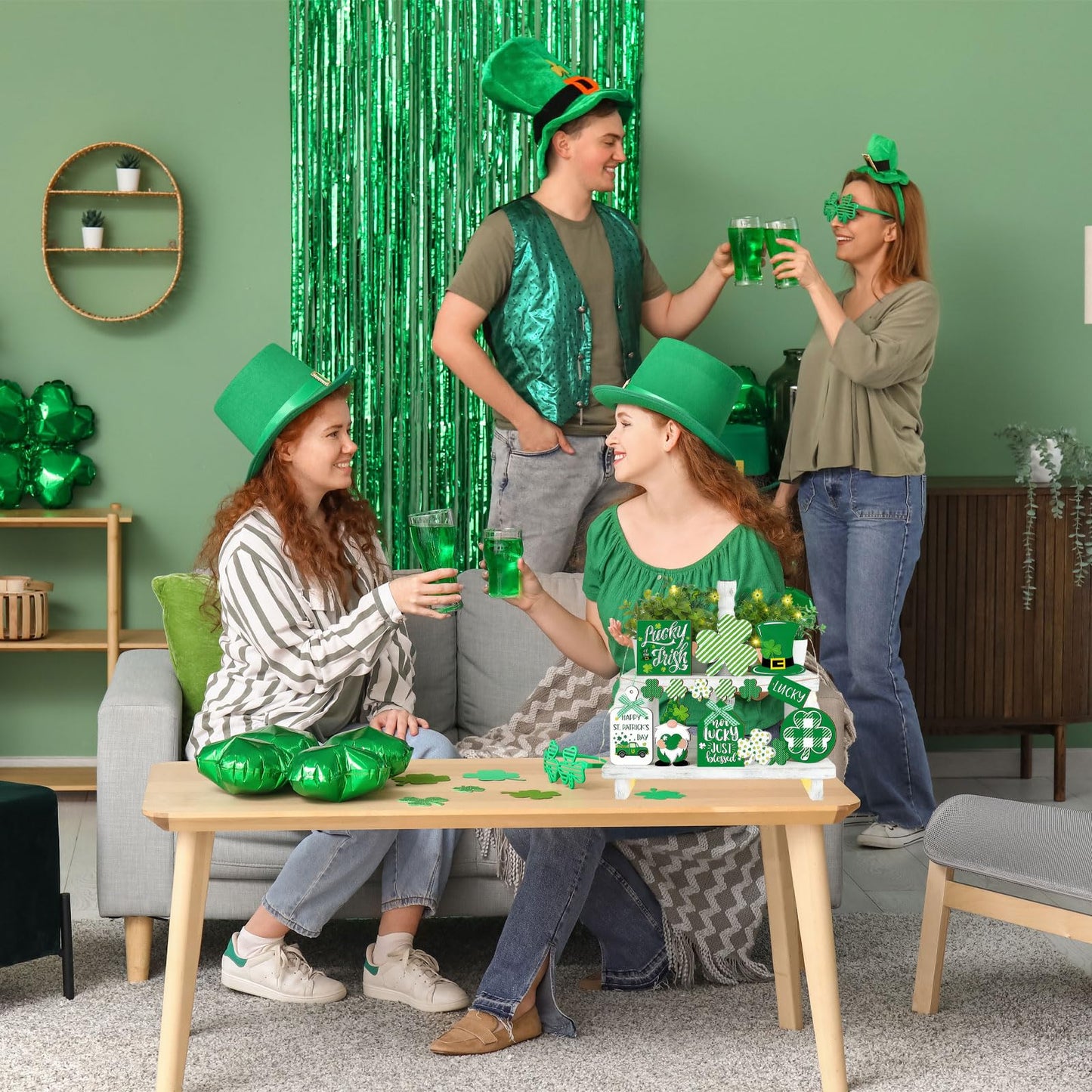 15PCS St. Patrick's Day Tray Decor Wooden Signs Table Centerpieces with Plush Gnome, Shamrock Pattern, Blessing Ornaments & 1 Mini String Light for St. Patrick's Day Party Tabletop Tray Decoration