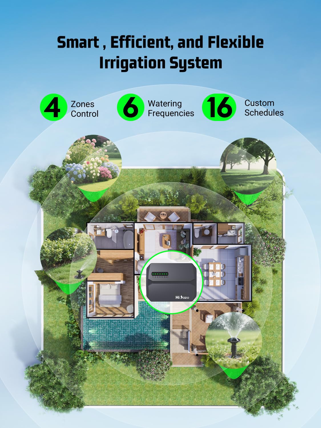 Smart Sprinklers Controller WiFi, Irrigation Controller Easy Use App Enabled, 6 Zone + 16 Plans, Save Water Auto Skip Rain, Freeze & Wind, 10 Minutes Install
