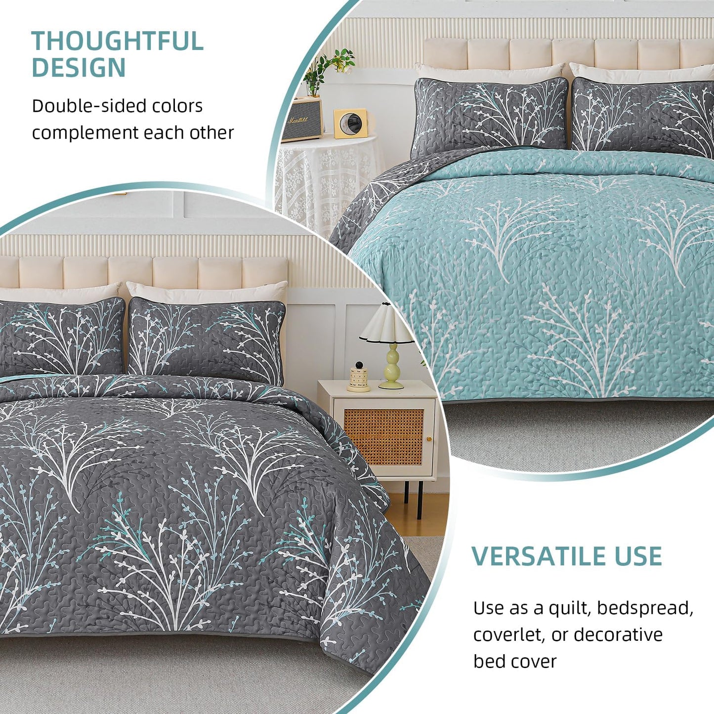 DJY Full Size Quilt Set Grey Blue Reversible Bedspread Coverlet Set 3 Piece, Branch Floral Lightweight Microfiber Botanical Quilted Bedding Set with Pillowcases for All Season (78''x90'')