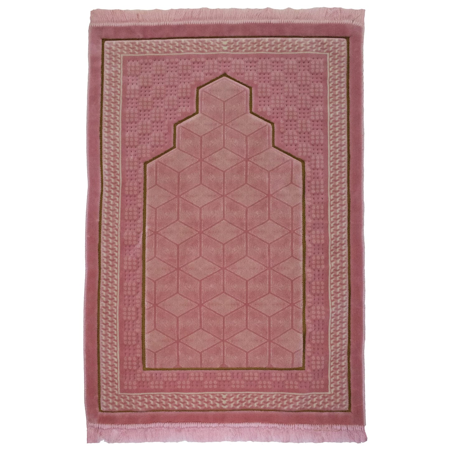 Modefa Turkish Islamic Velvet Prayer Rug - Thick & Wide Soft Praying Carpet for Men & Women - Double Plush Large Janamaz - Eid & Ramadan Gift - with Kufi, Beads & Car Hanger - Geometric Noor (Pink)