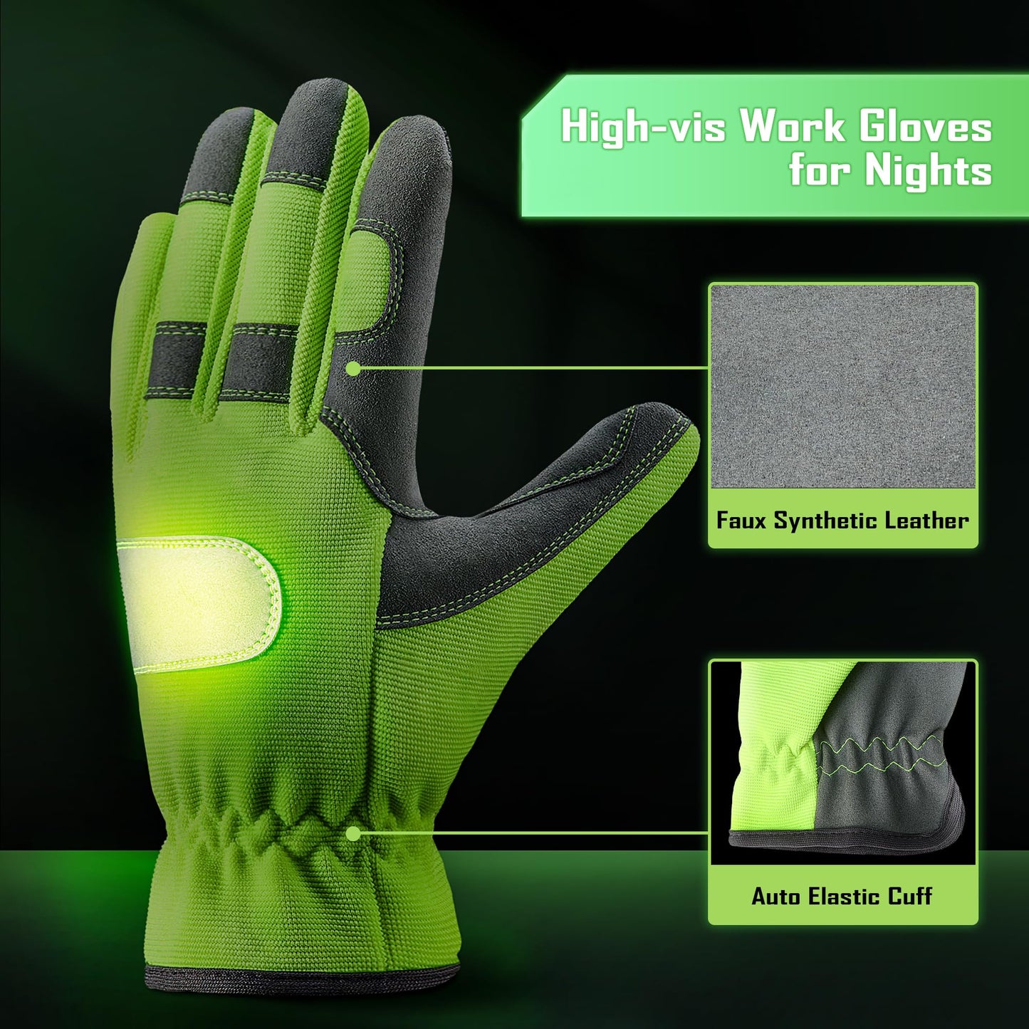 COOLJOB Hi-vis Reflective Safety Work Garden Gloves for Men Women, Faux Leather Utility Mechanic Gloves with Grip, 2 Pairs, Medium, Yellow